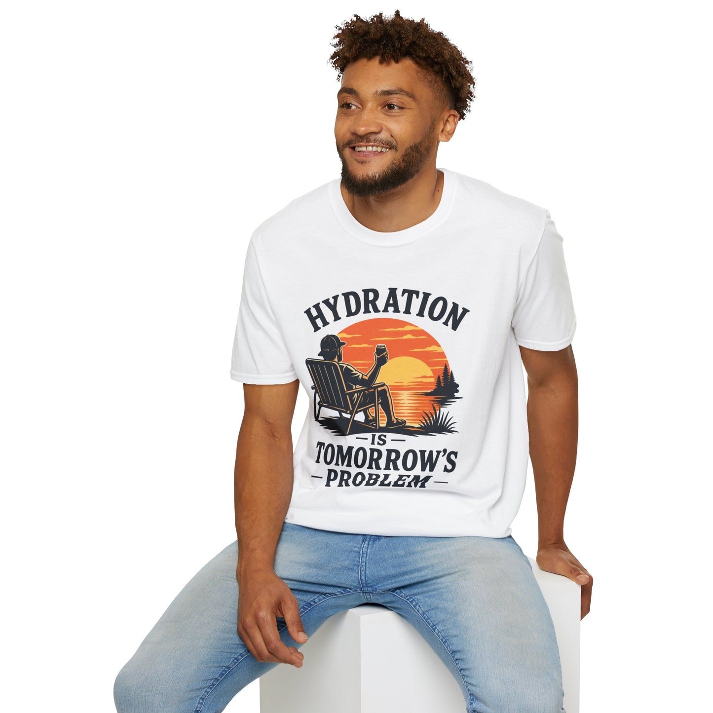 Hydration Is Tomorrow's Problem Shirt, White, worn by a model seated on a white block