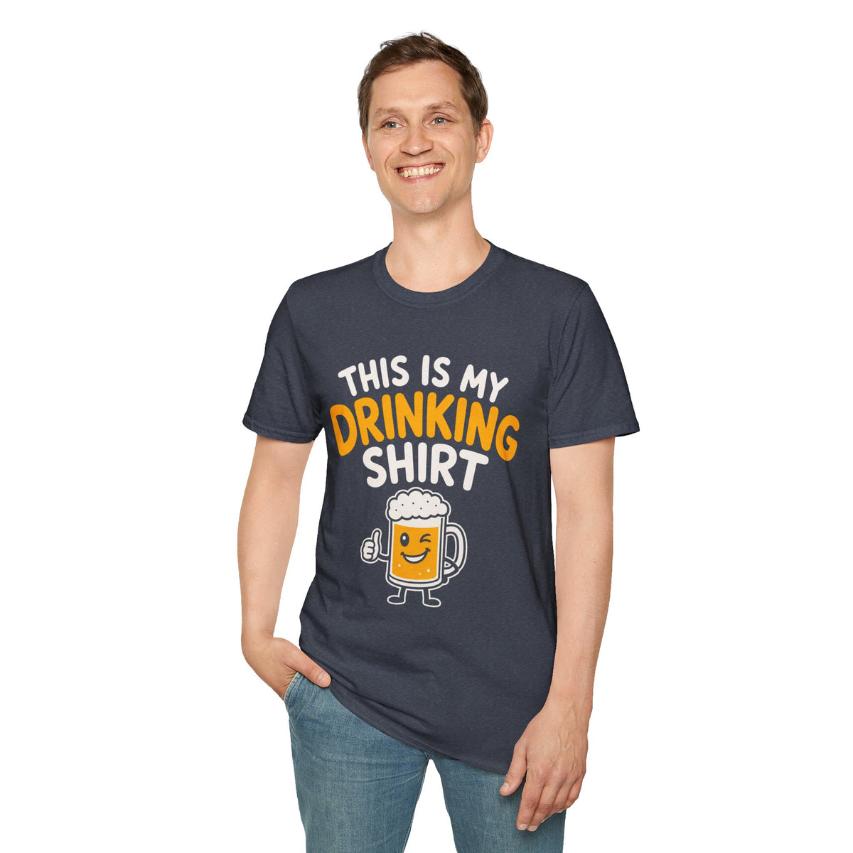 This Is My Drinking Shirt, Heather Navy, worn by a standing model with one hand in their pocket