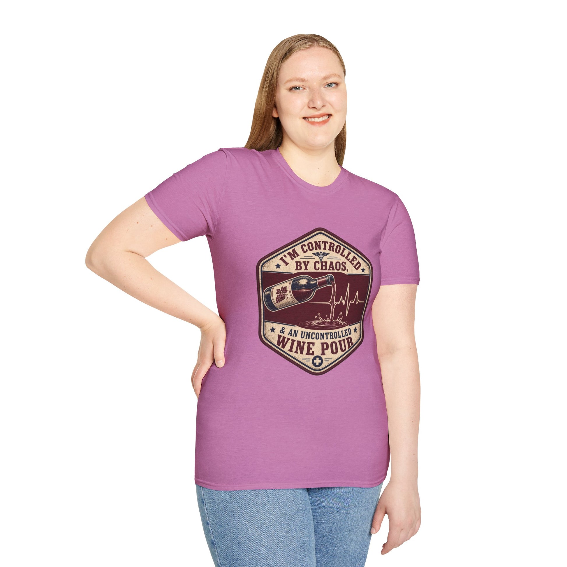 Hexagonal vintage badge t-shirt graphic of a wine bottle mid-pour with the liquid stream shaped like a heartbeat line, text reading I'm Controlled By Chaos & An Uncontrolled Wine Pour