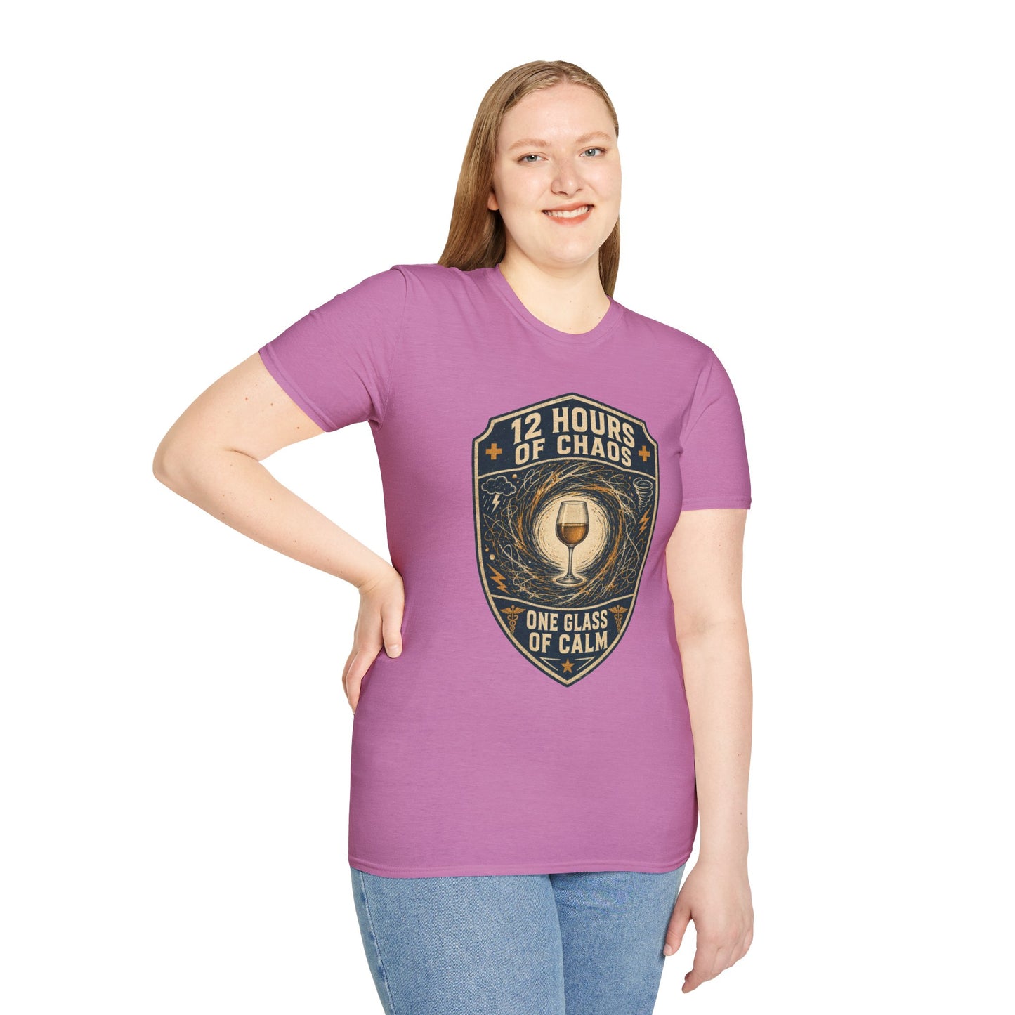 Shield-shaped vintage badge t-shirt graphic of a wine glass sitting calmly amid a swirling chaos symbol, text reading 12 Hours Of Chaos, One Glass Of Calm