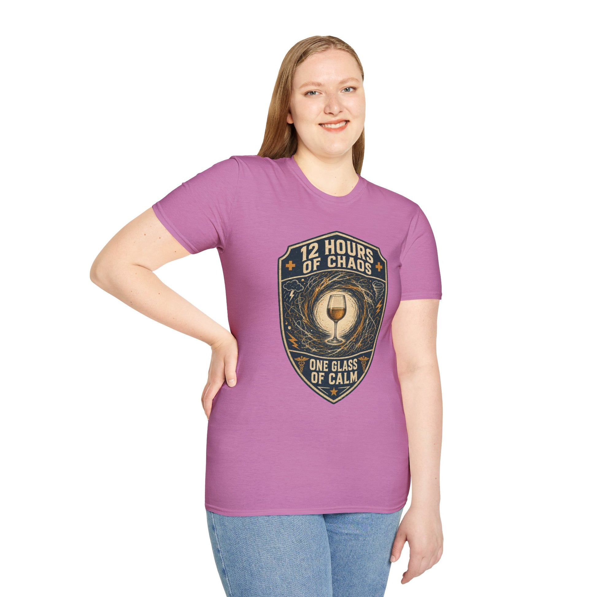 Shield-shaped vintage badge t-shirt graphic of a wine glass sitting calmly amid a swirling chaos symbol, text reading 12 Hours Of Chaos, One Glass Of Calm