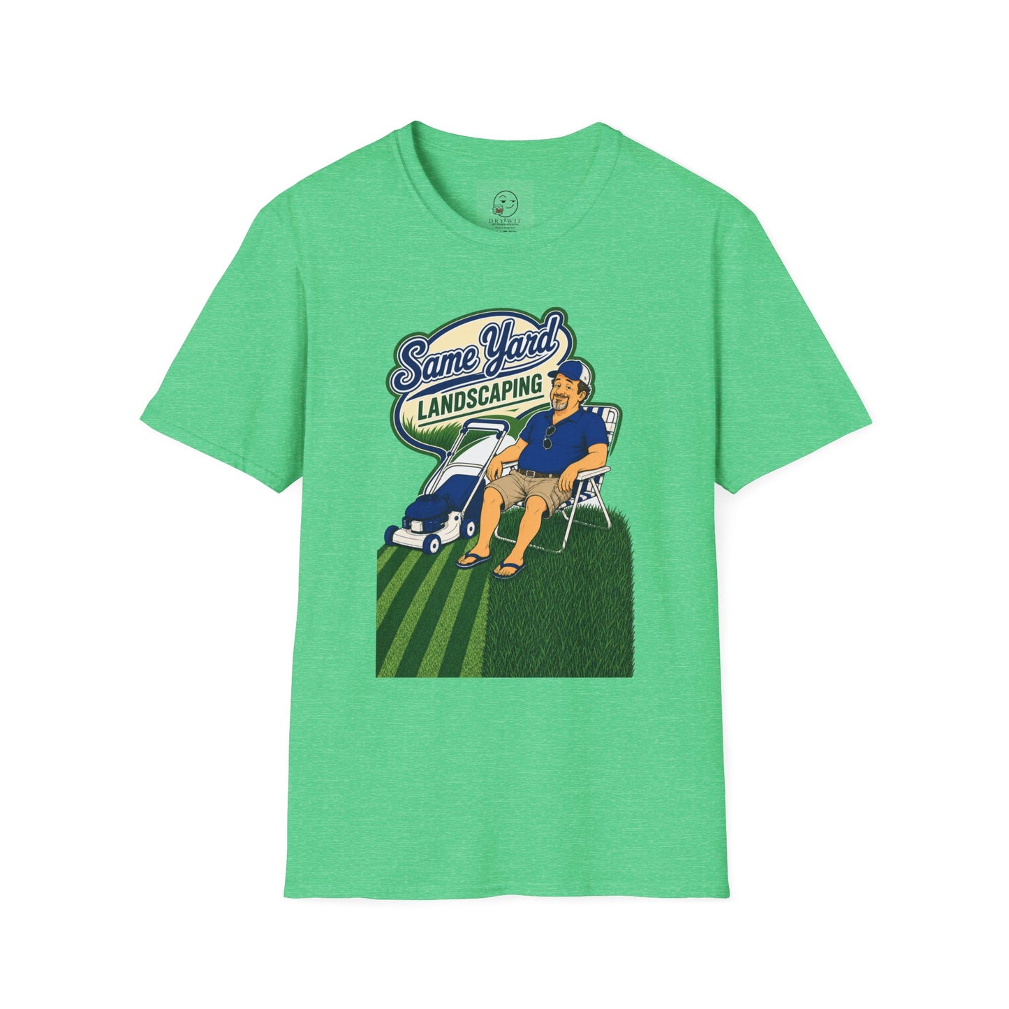 Retro cartoon t-shirt graphic of the Dry Wit dad mascot with a beer beside a lawn mower and grass stripes, text reading Same Yard Landscaping