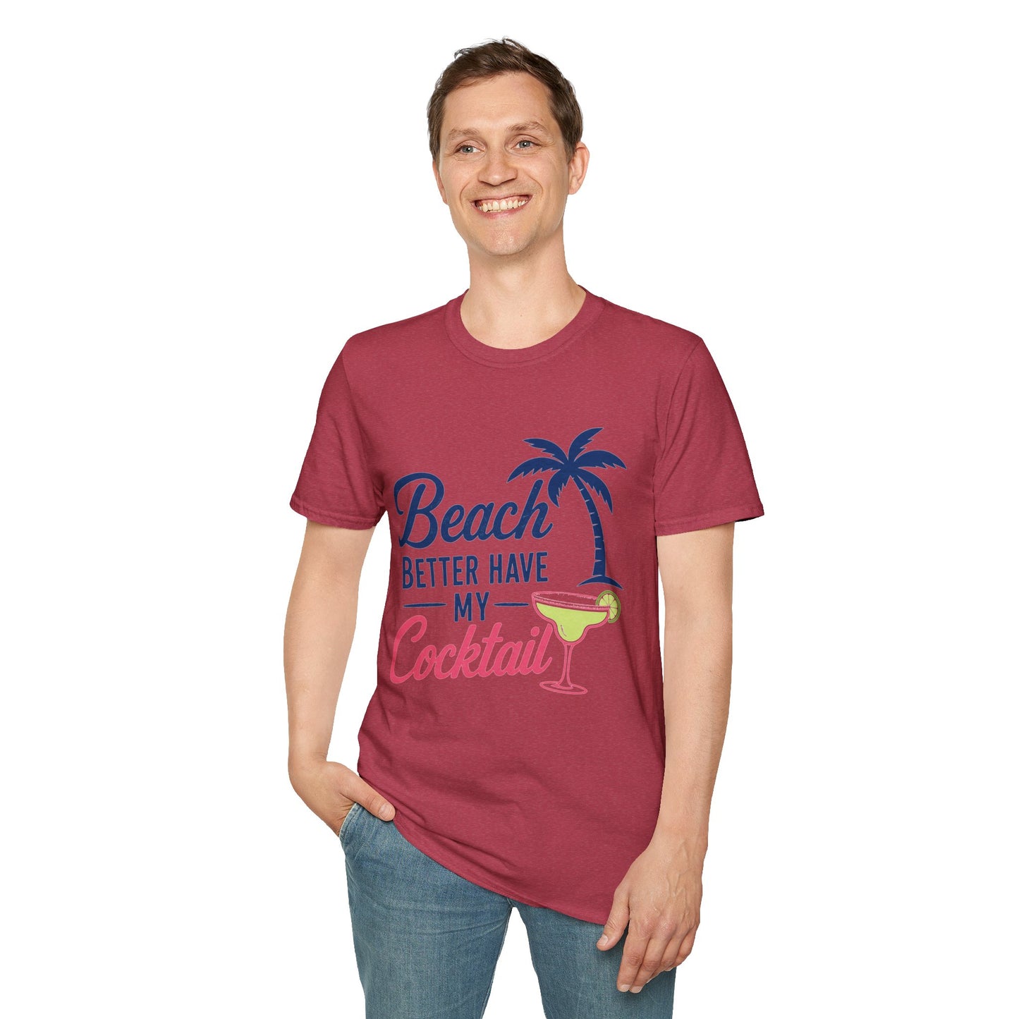 Beach Better Have My Cocktail Shirt, Heather Cardinal red, worn by a standing model with one hand in their pocket