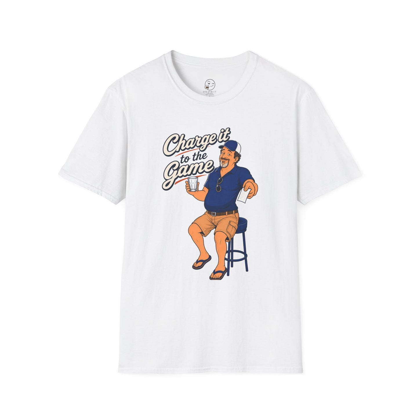 Retro cartoon t-shirt graphic of the Dry Wit dad mascot holding a bar tab at a sports bar, text reading Charge It To The Game