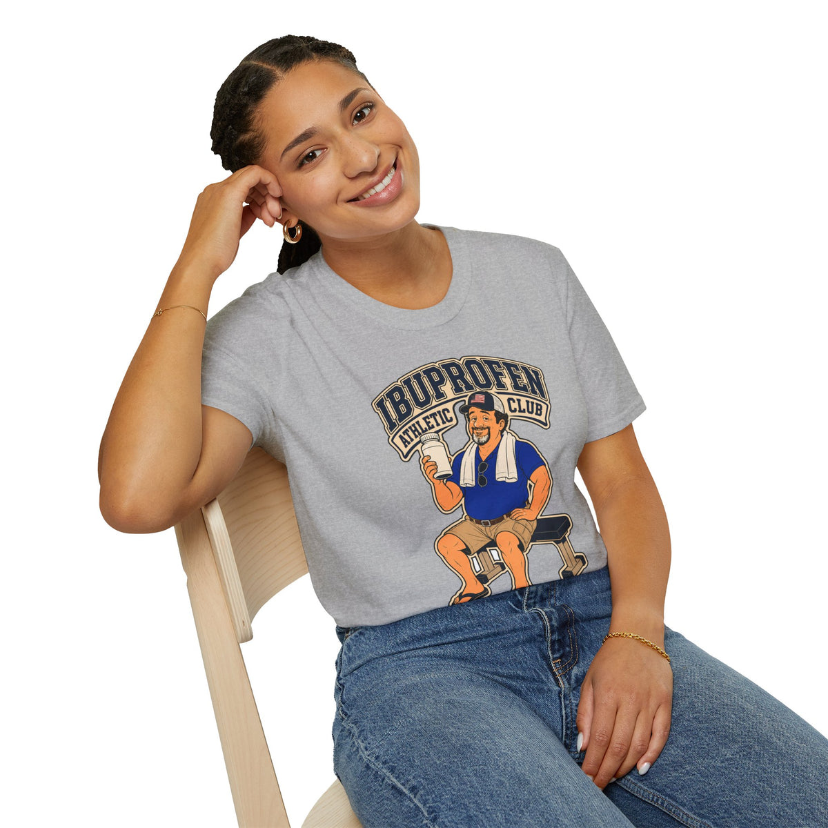 Ibuprofen Athletic Club Shirt, Sport Grey, worn by a model seated on a wooden chair