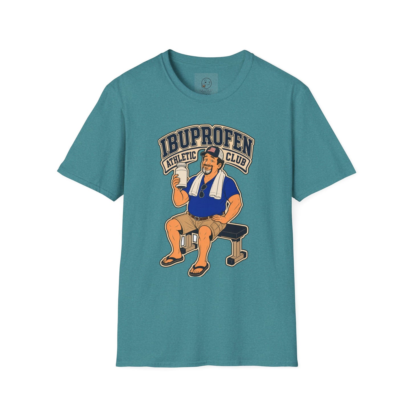 Retro collegiate-style t-shirt graphic of the Dry Wit dad mascot in workout gear, text reading Ibuprofen Athletic Club