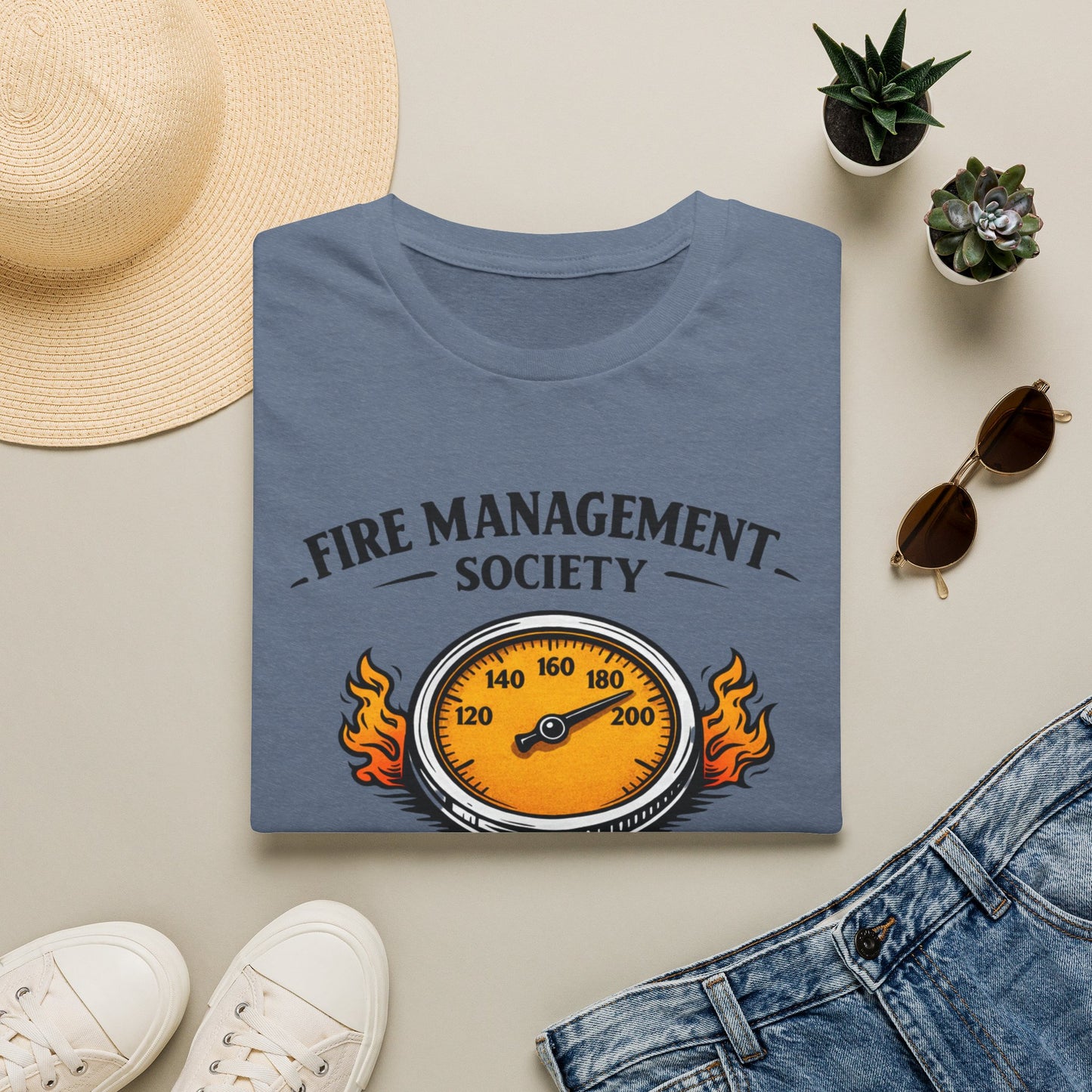 Fire Management Society Shirt, Heather Indigo slate blue, folded flat lay styled with a straw hat, sunglasses, sneakers and denim