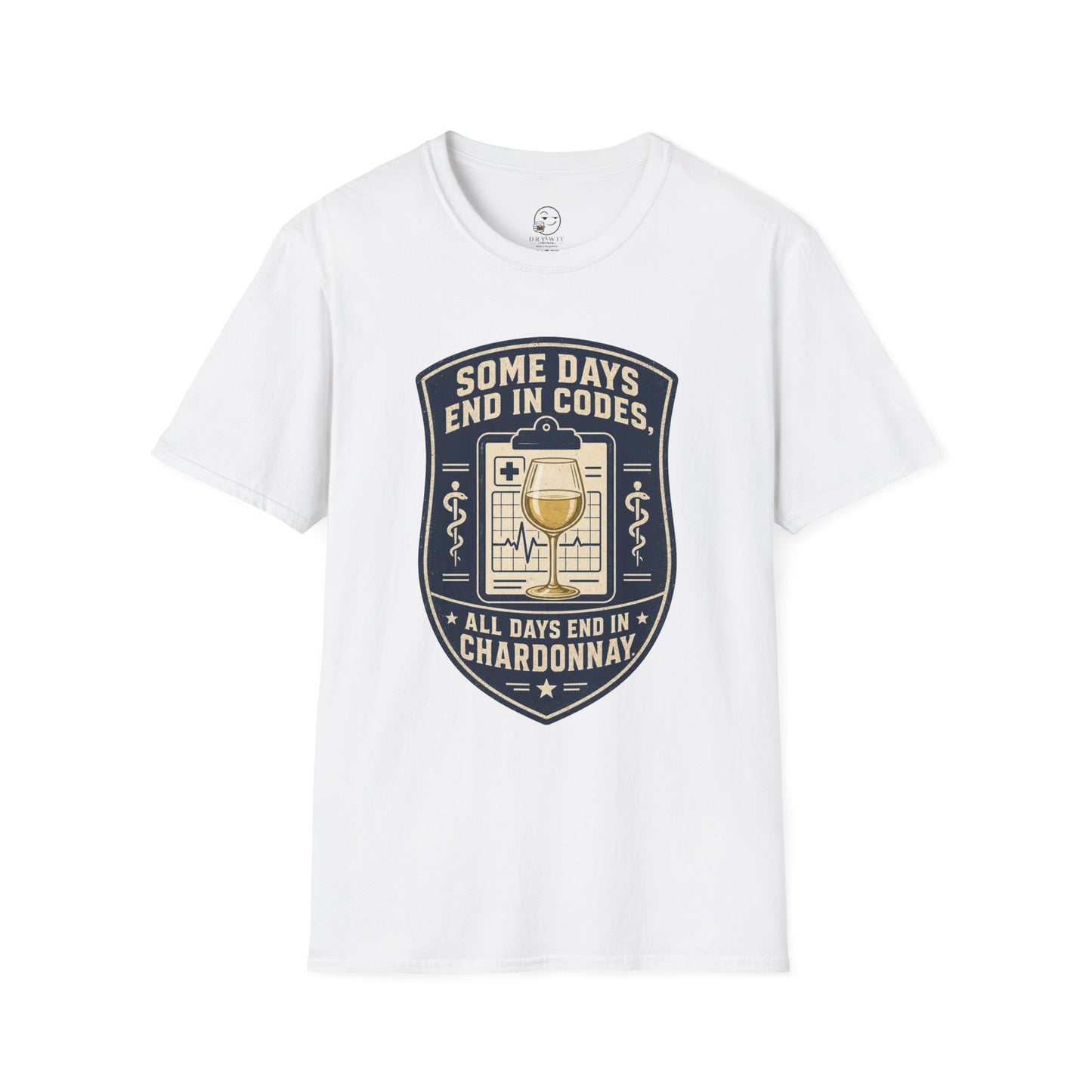 Shield-shaped vintage badge t-shirt graphic of a clipboard with a wine glass resting on top, text reading Some Days End In Codes, All Days End In Chardonnay