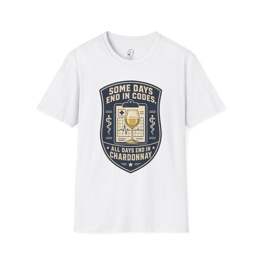 Shield-shaped vintage badge t-shirt graphic of a clipboard with a wine glass resting on top, text reading Some Days End In Codes, All Days End In Chardonnay