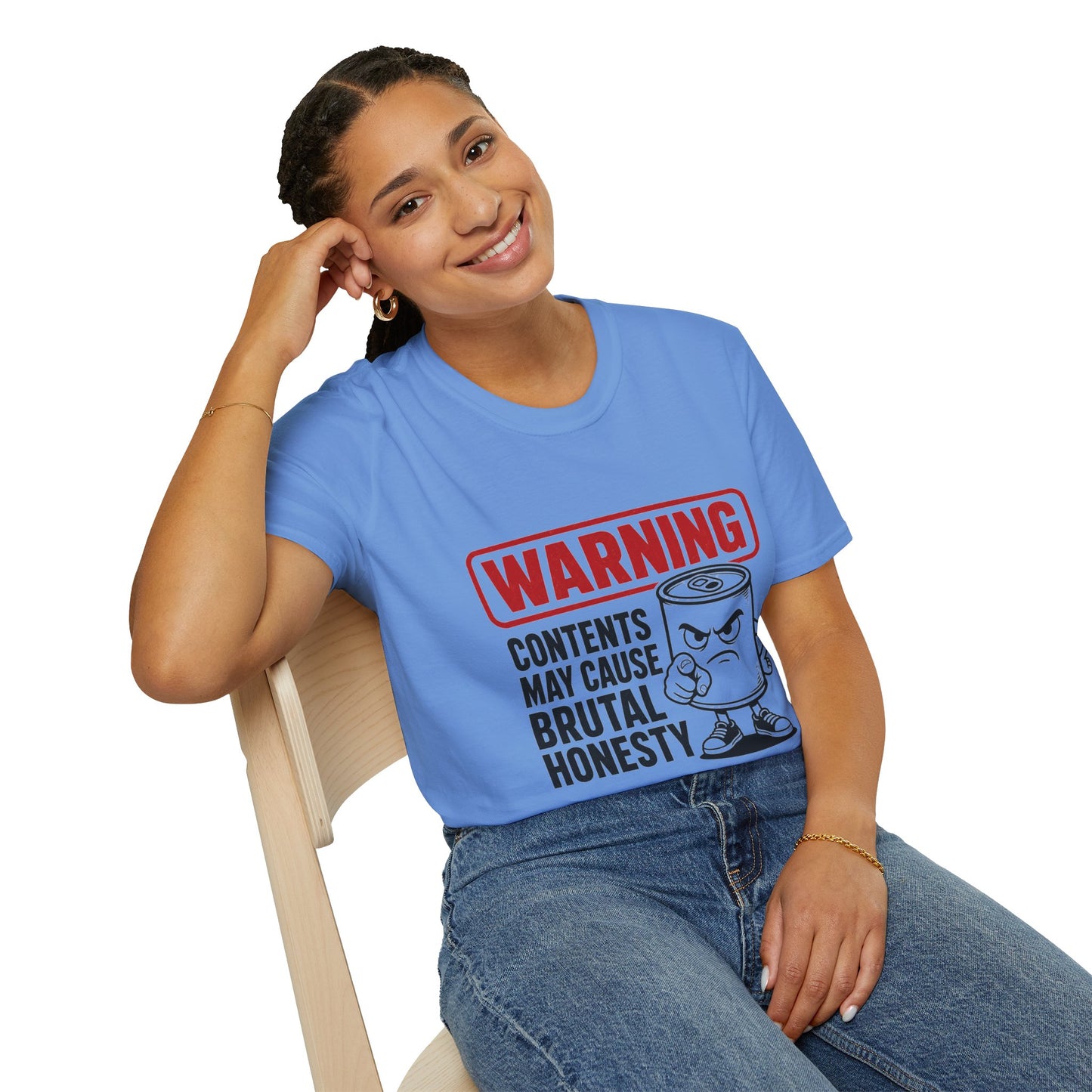 Warning: Contents May Cause Brutal Honesty Shirt, Carolina Blue, worn by a model seated on a wooden chair