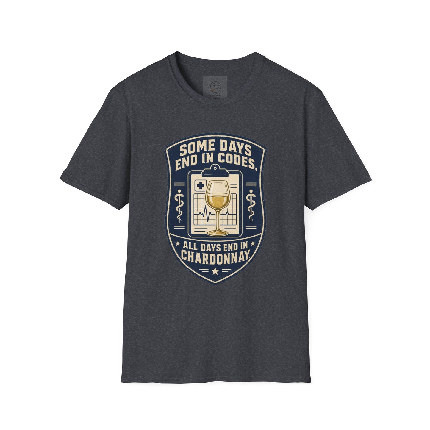 Shield-shaped vintage badge t-shirt graphic of a clipboard with a wine glass resting on top, text reading Some Days End In Codes, All Days End In Chardonnay