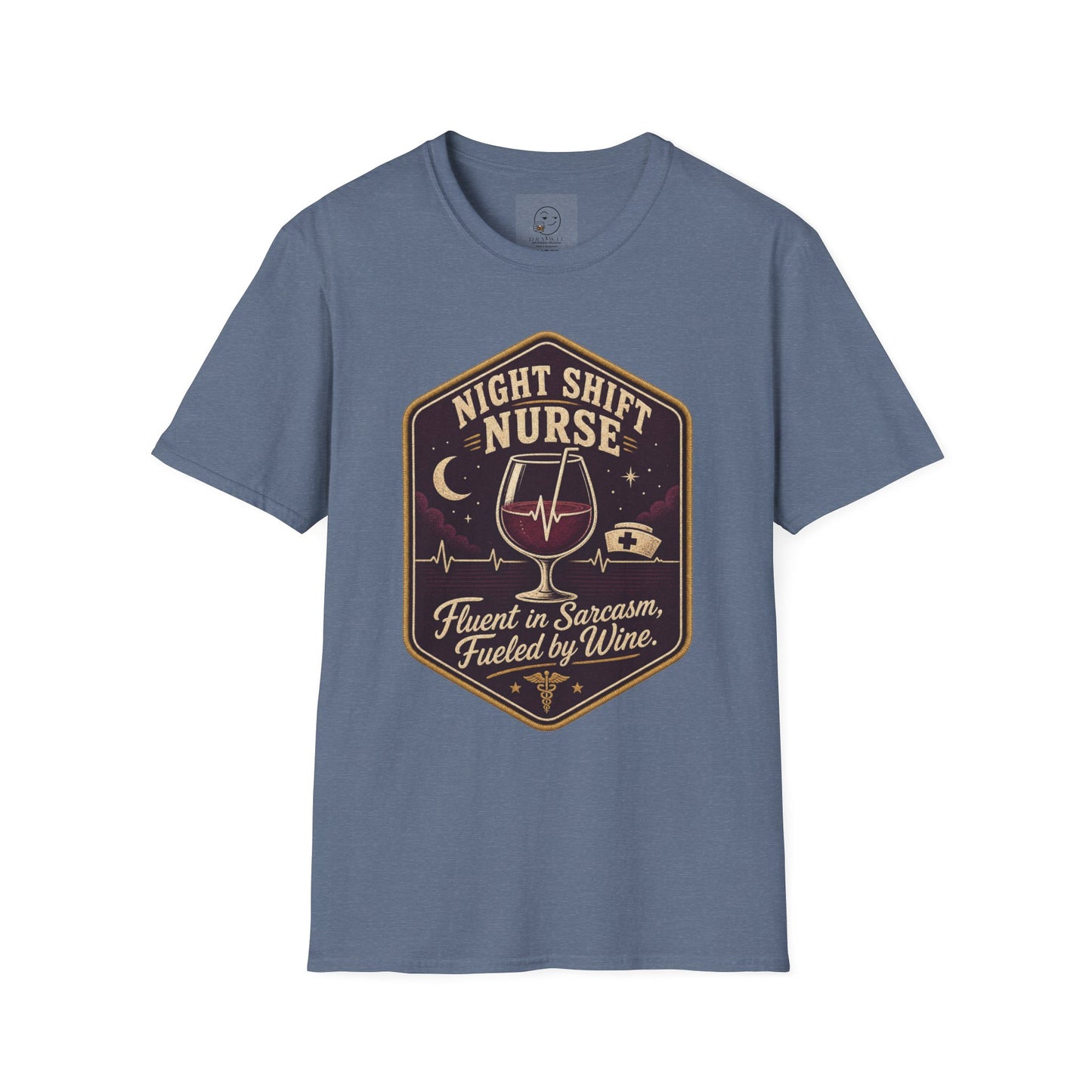 Hexagonal vintage badge t-shirt graphic of a wine glass with a heartbeat line running through it like a straw, text reading Night Shift Nurse, Fluent In Sarcasm, Fueled By Wine