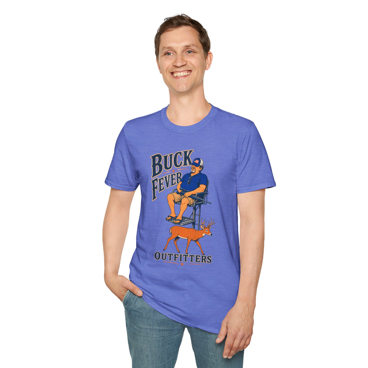 Buck Fever Outfitters Shirt, Heather Royal blue, worn by a standing model with one hand in their pocket