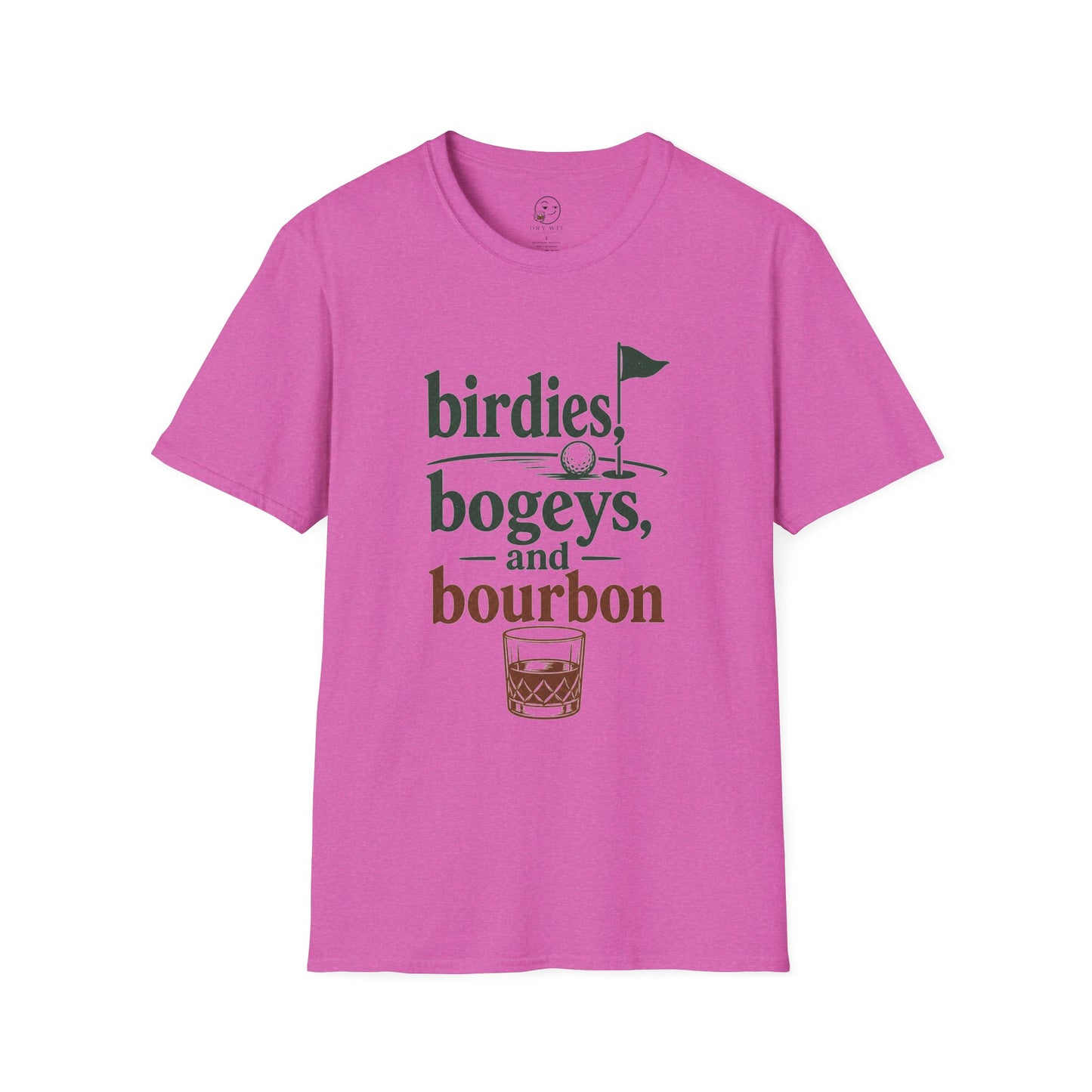Birdies, Bogeys, and Bourbon Shirt, Heather Berry pink, front flat lay