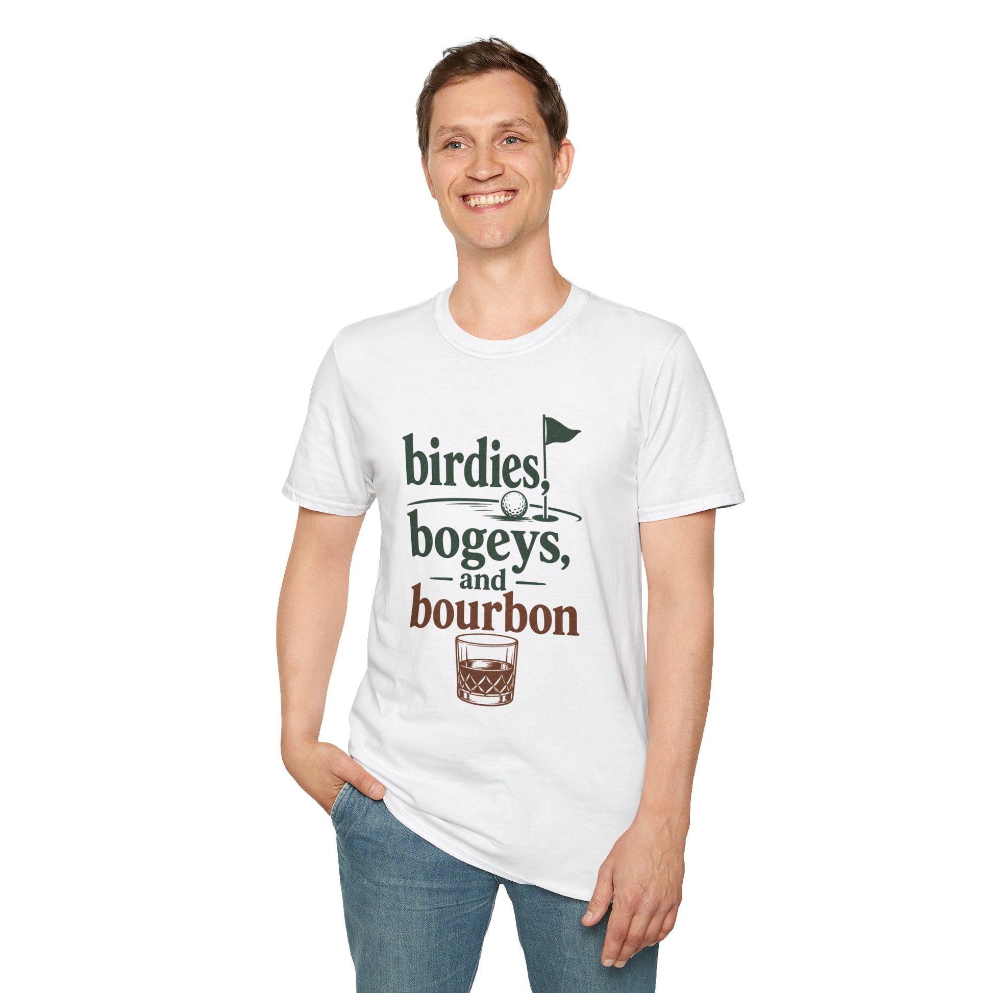 Birdies, Bogeys, and Bourbon Shirt, White, worn by a standing model with one hand in their pocket