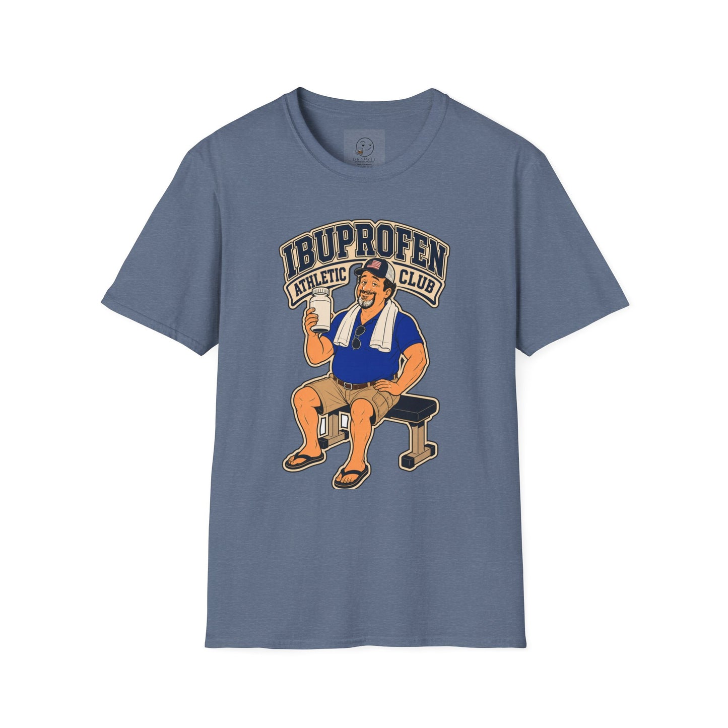 Retro collegiate-style t-shirt graphic of the Dry Wit dad mascot in workout gear, text reading Ibuprofen Athletic Club