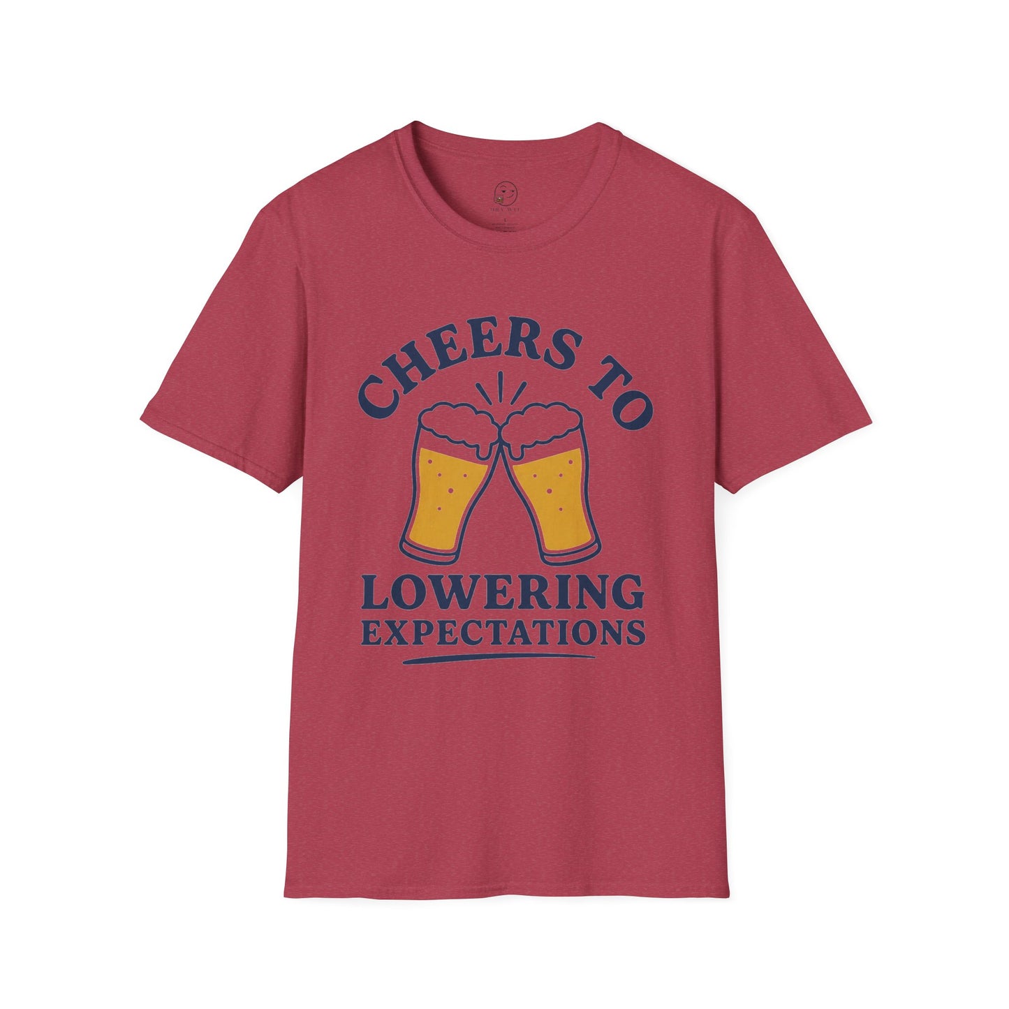 Cheers to Lowering Expectations Shirt, Heather Cardinal red, front flat lay