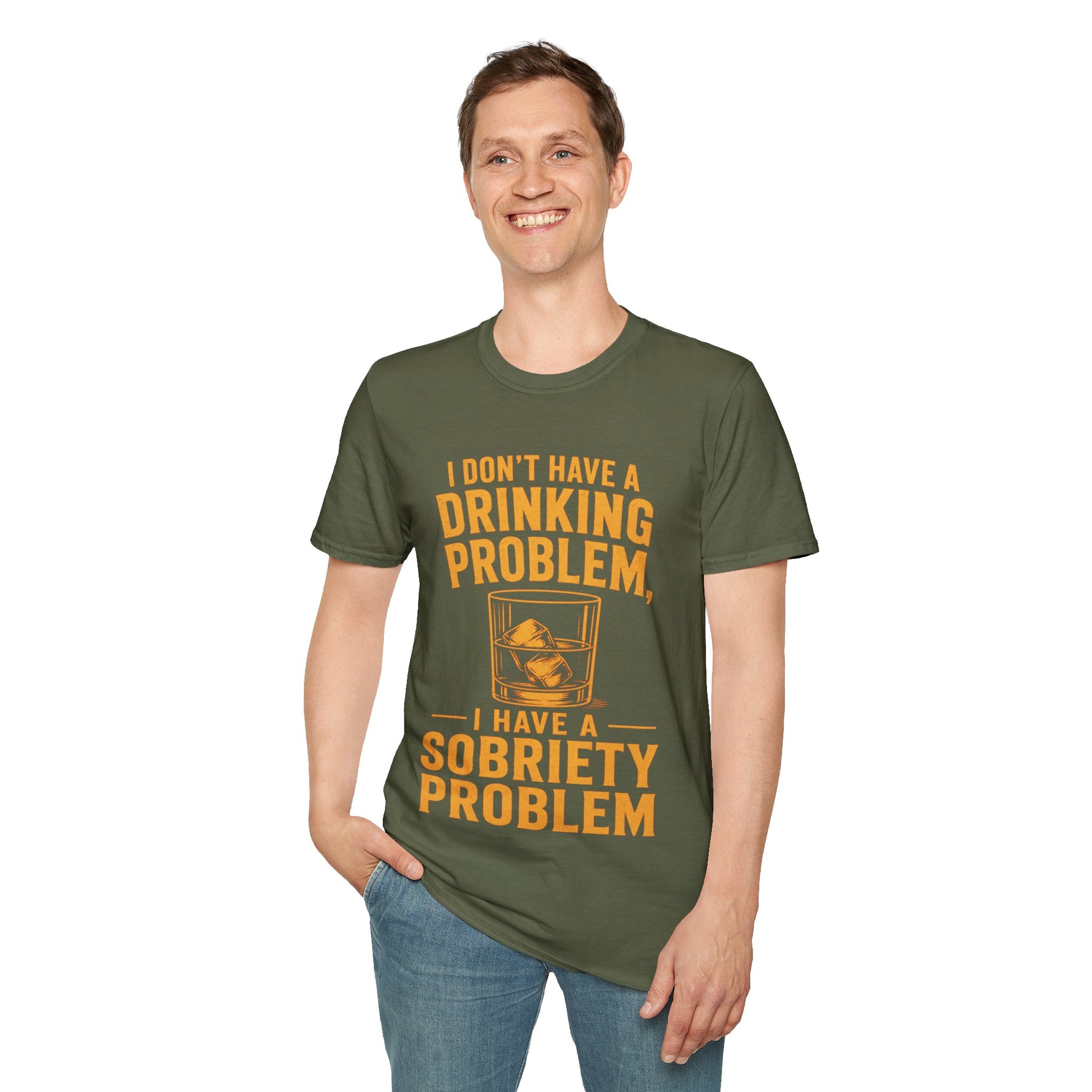 I Don't Have a Drinking Problem Shirt, Military Green olive, worn by a standing model with one hand in their pocket