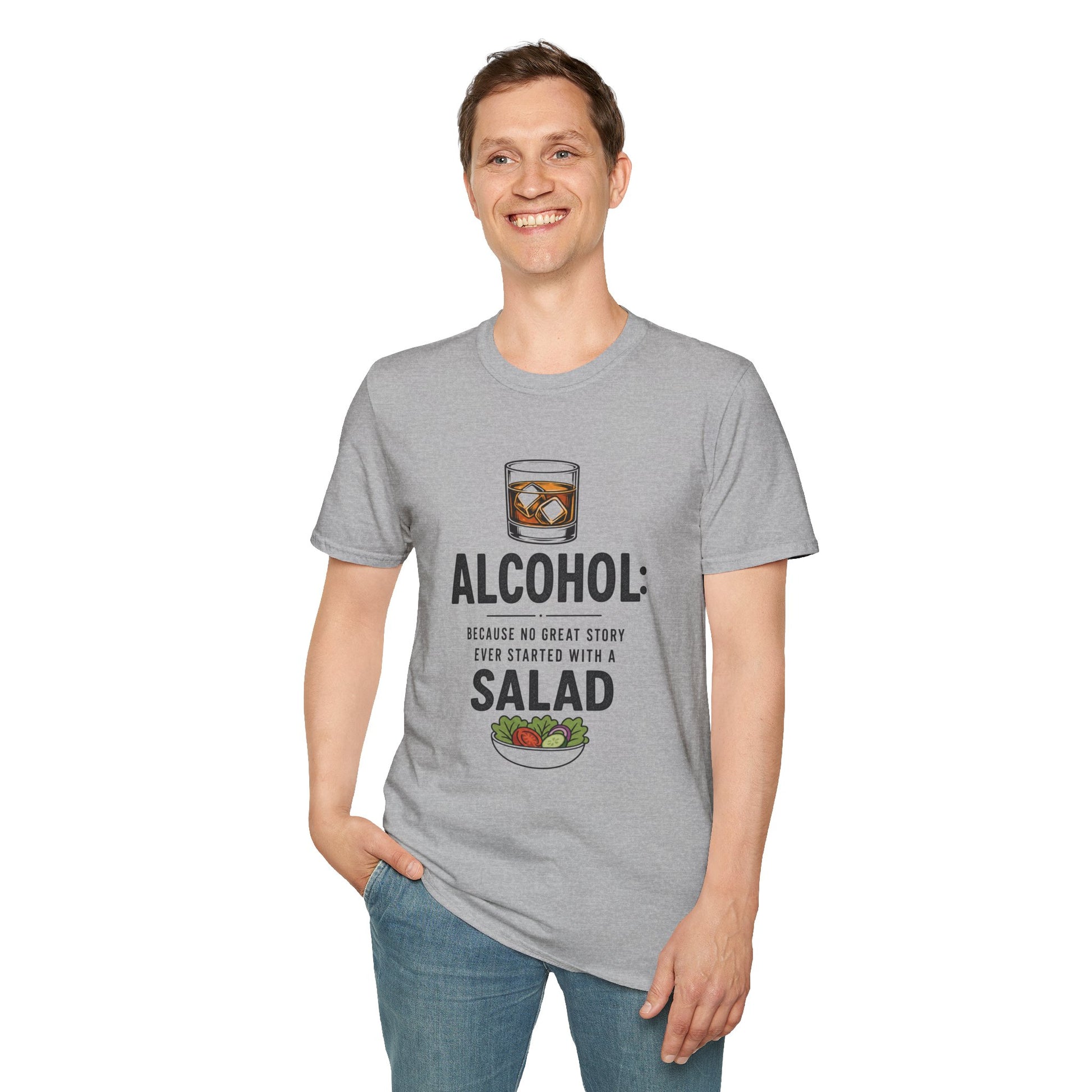 No Great Story Started With a Salad Shirt, Sport Grey, worn by a standing model with one hand in their pocket