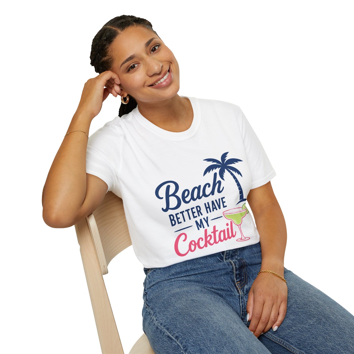 Beach Better Have My Cocktail Shirt, White, worn by a model seated on a wooden chair