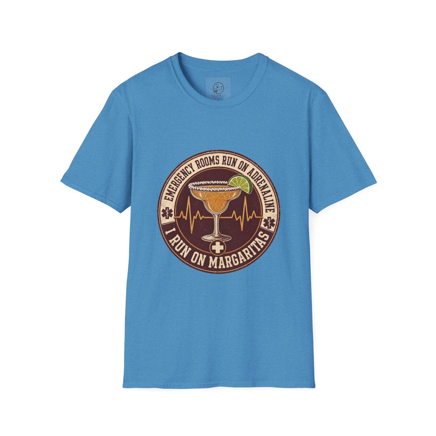 Circular vintage badge t-shirt graphic of a margarita glass with a salted rim and lime wedge beside a heartbeat line, text reading Emergency Rooms Run On Adrenaline, I Run On Margaritas