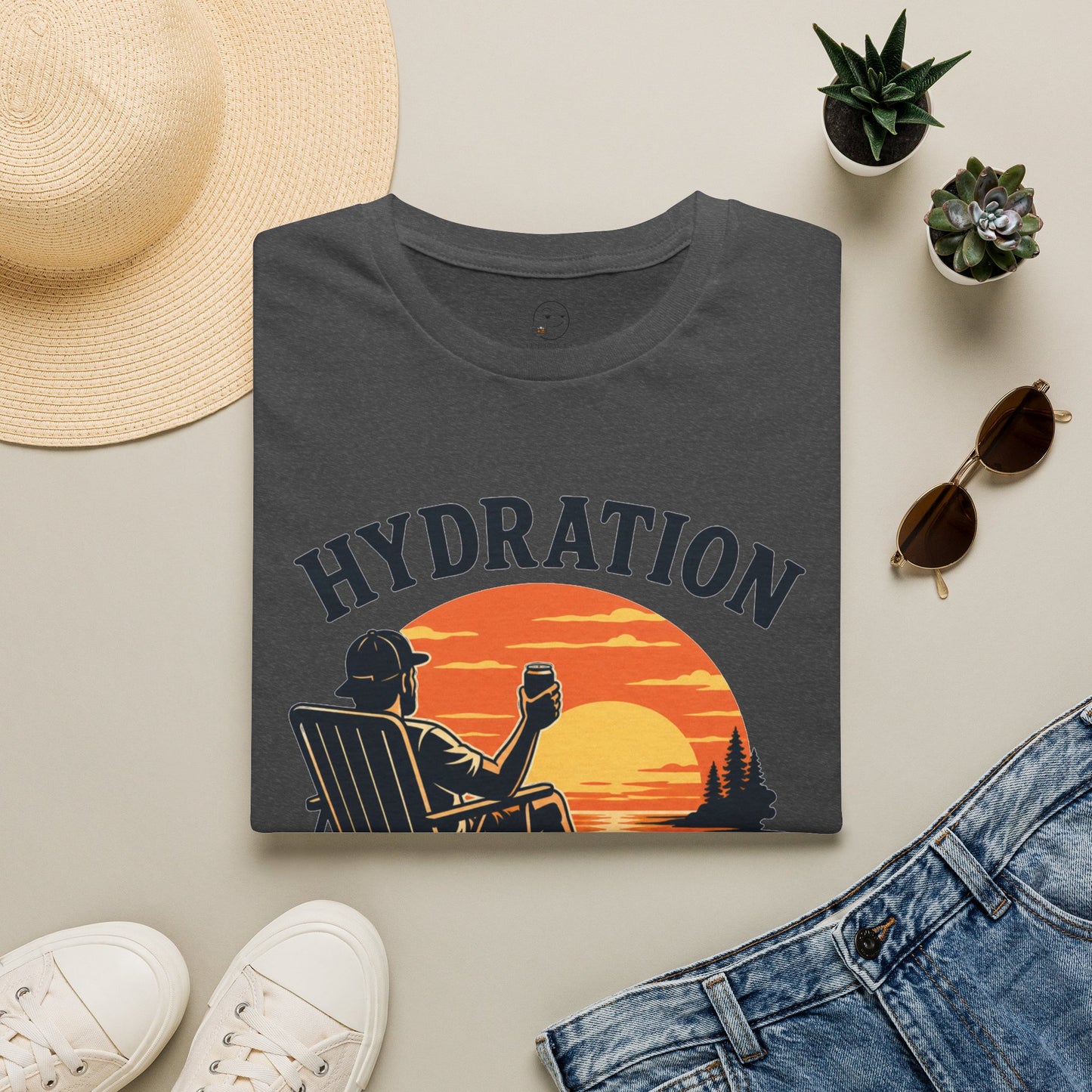 Hydration Is Tomorrow's Problem Shirt, Dark Heather charcoal, folded flat lay styled with a straw hat, sunglasses, sneakers and denim