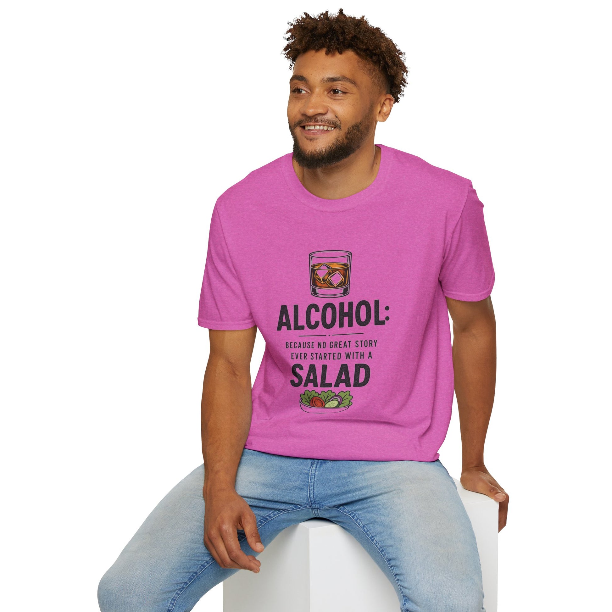 No Great Story Started With a Salad Shirt, Heather Berry pink, worn by a model seated on a white block