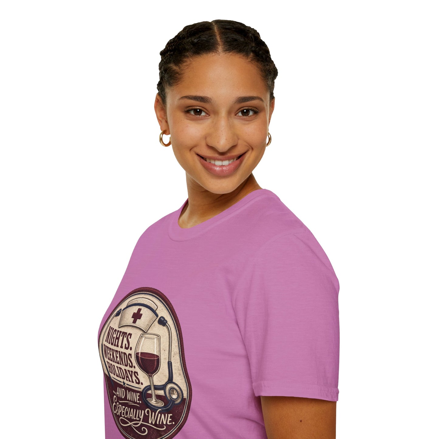 Circular vintage badge t-shirt graphic of a nurse's cap and stethoscope encircling a wine glass, text reading Nights. Weekends. Holidays. And Wine. Especially Wine.