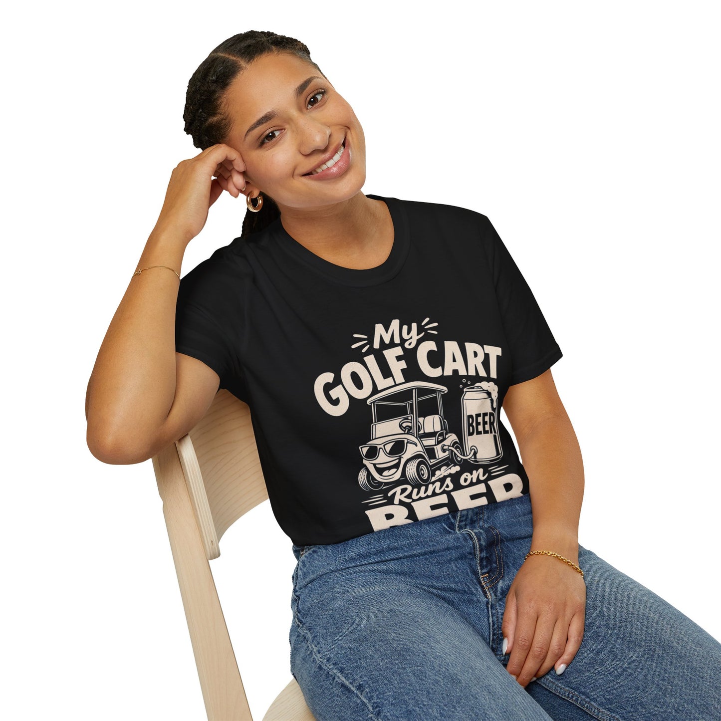 My Golf Cart Runs on Beer Shirt, Black, worn by a model seated on a wooden chair