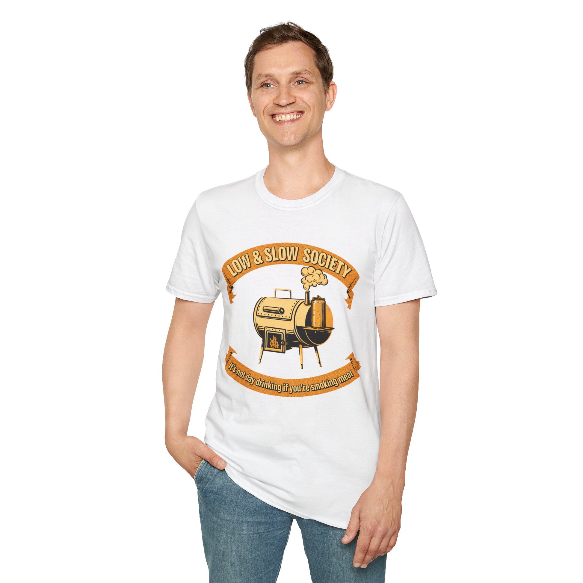 Low & Slow Society Shirt, White, worn by a standing model with one hand in their pocket