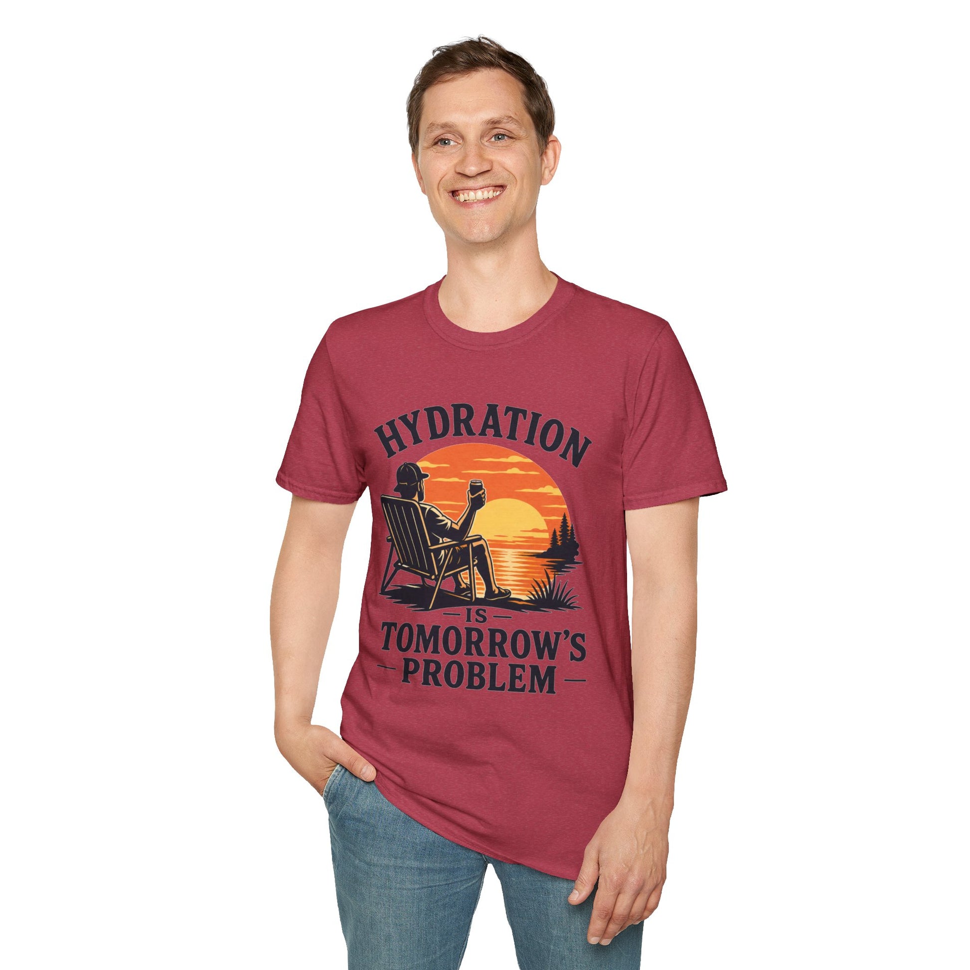 Hydration Is Tomorrow's Problem Shirt, Heather Cardinal red, worn by a standing model with one hand in their pocket