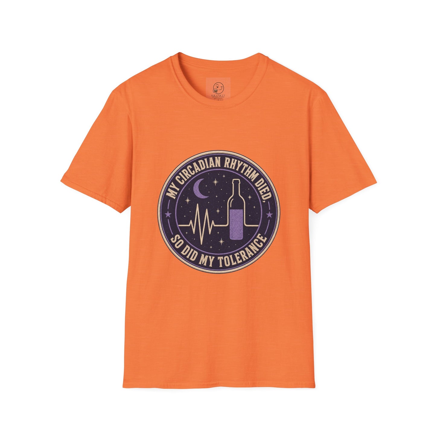 Circular vintage badge t-shirt graphic with a starry night sky background and a flatlined heartbeat line transitioning into a wine bottle silhouette, text reading My Circadian Rhythm Died, So Did My Tolerance