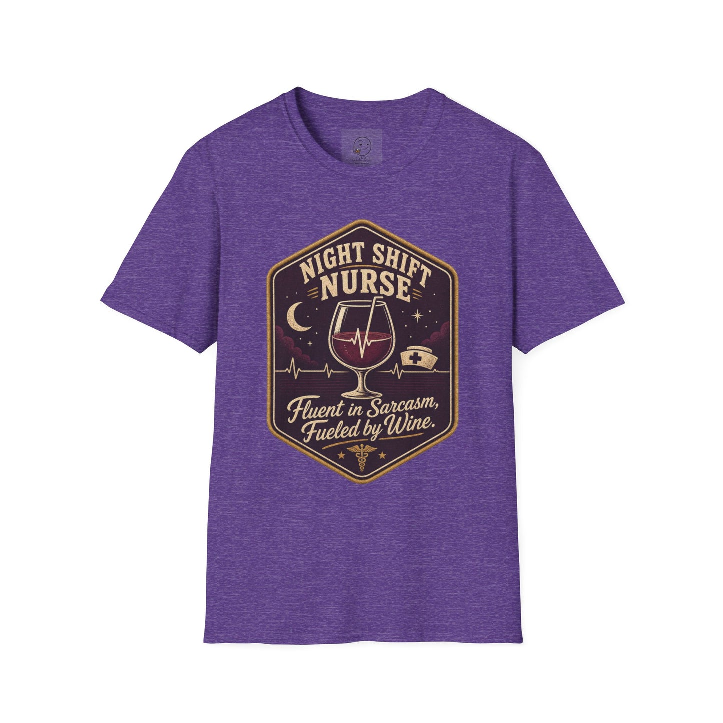 Hexagonal vintage badge t-shirt graphic of a wine glass with a heartbeat line running through it like a straw, text reading Night Shift Nurse, Fluent In Sarcasm, Fueled By Wine