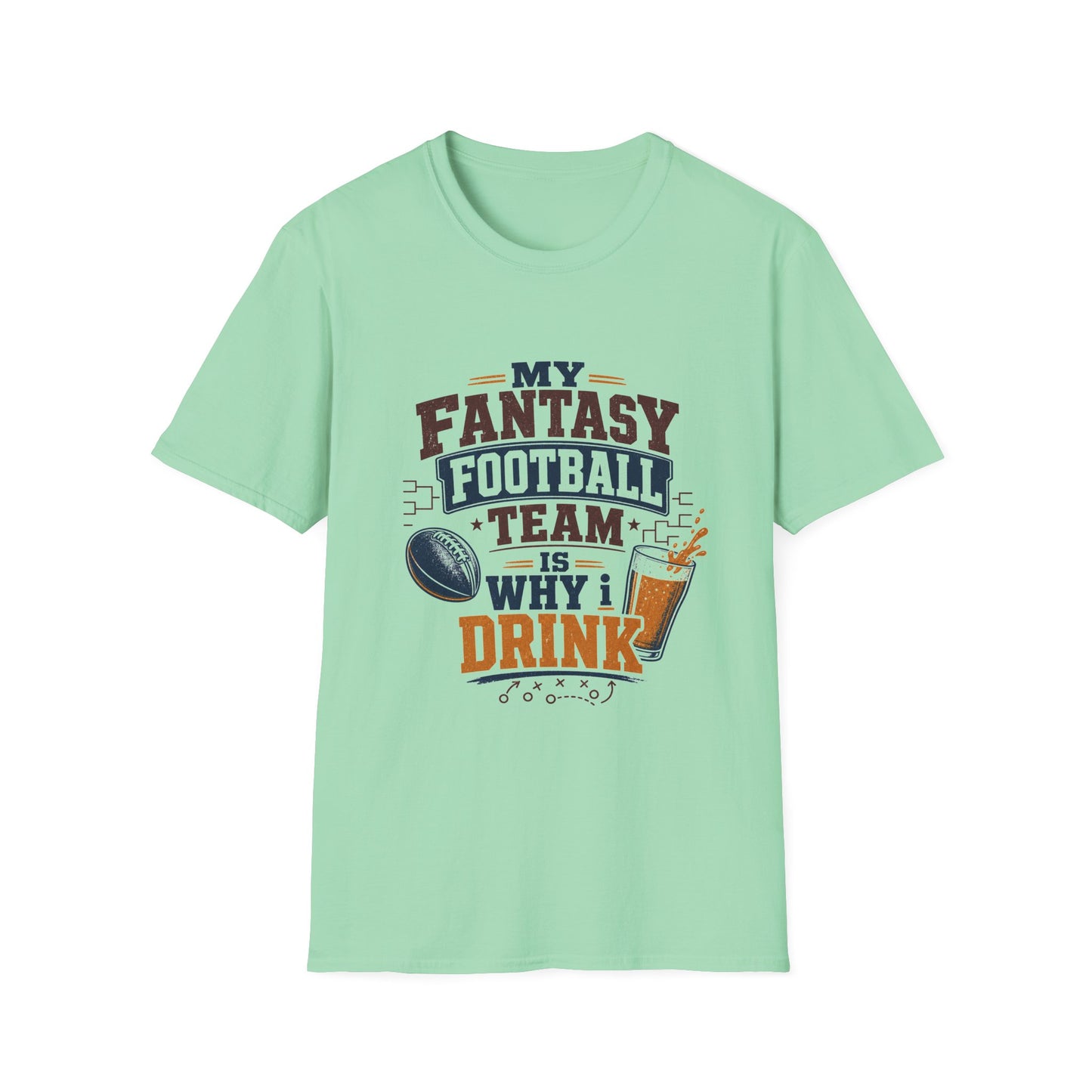 T-shirt design with maroon and navy text reading My Fantasy Football Team Is Why I Drink, football, tournament bracket, and pouring beer glass graphics