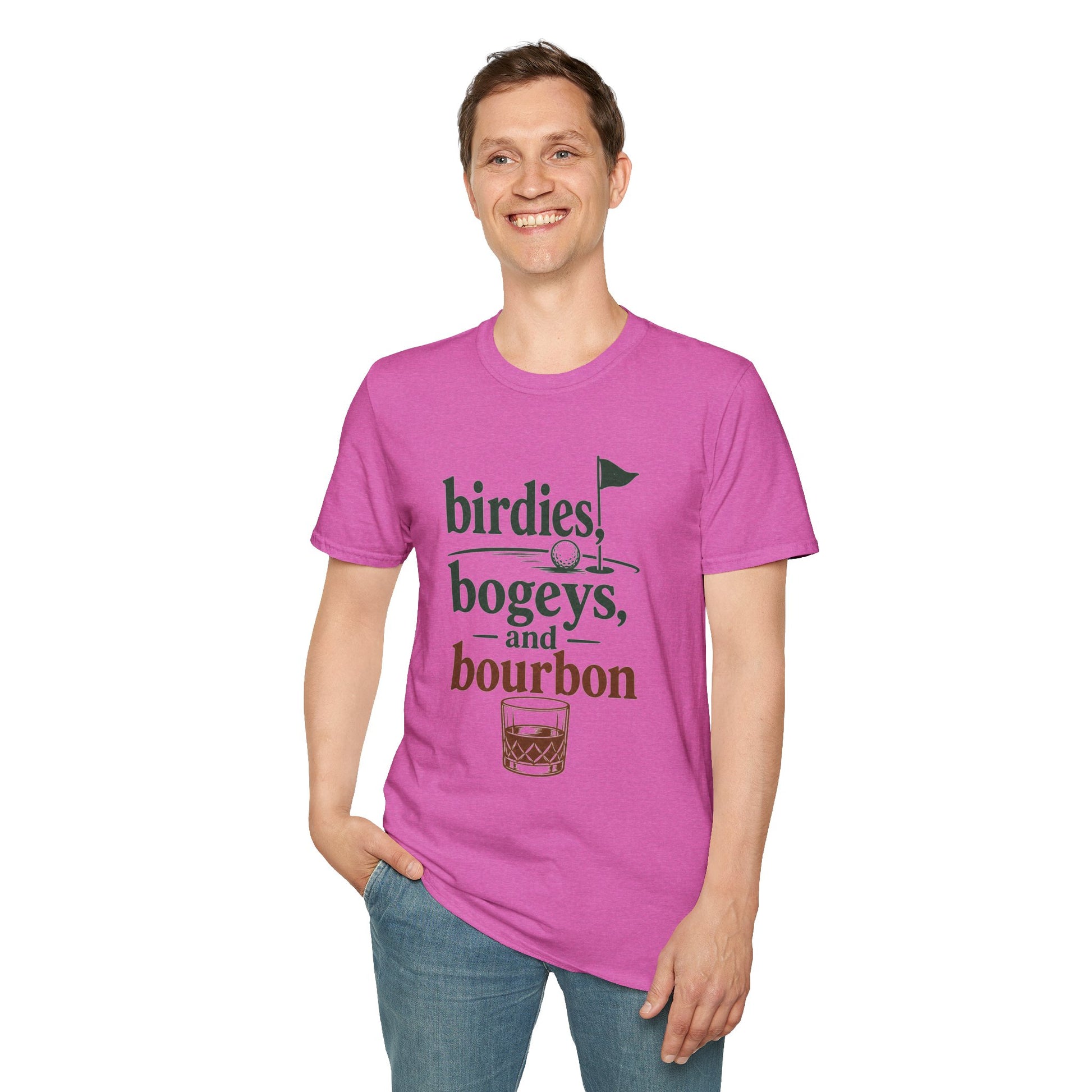 Birdies, Bogeys, and Bourbon Shirt, Heather Berry pink, worn by a standing model with one hand in their pocket