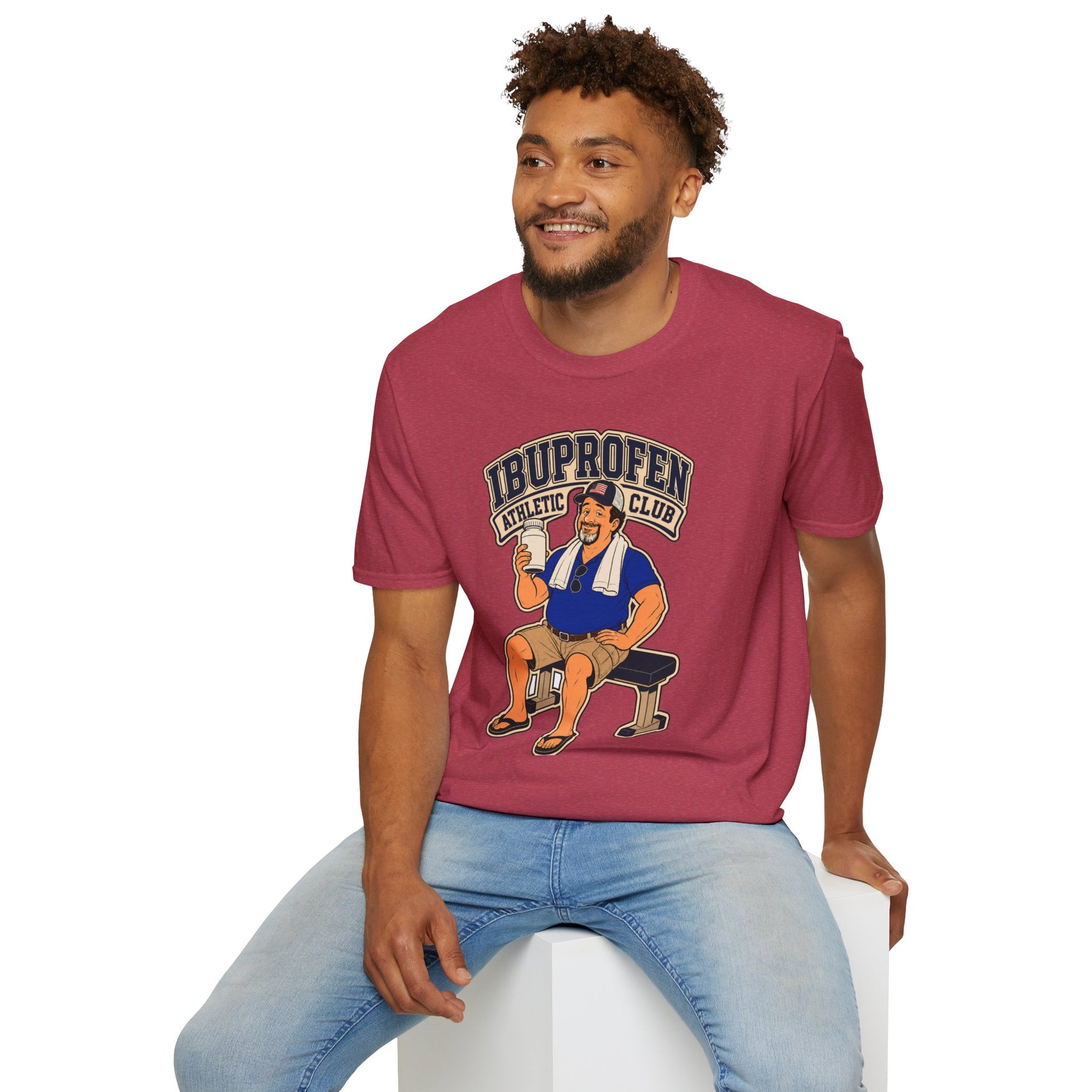 Retro collegiate-style t-shirt graphic of the Dry Wit dad mascot in workout gear, text reading Ibuprofen Athletic Club