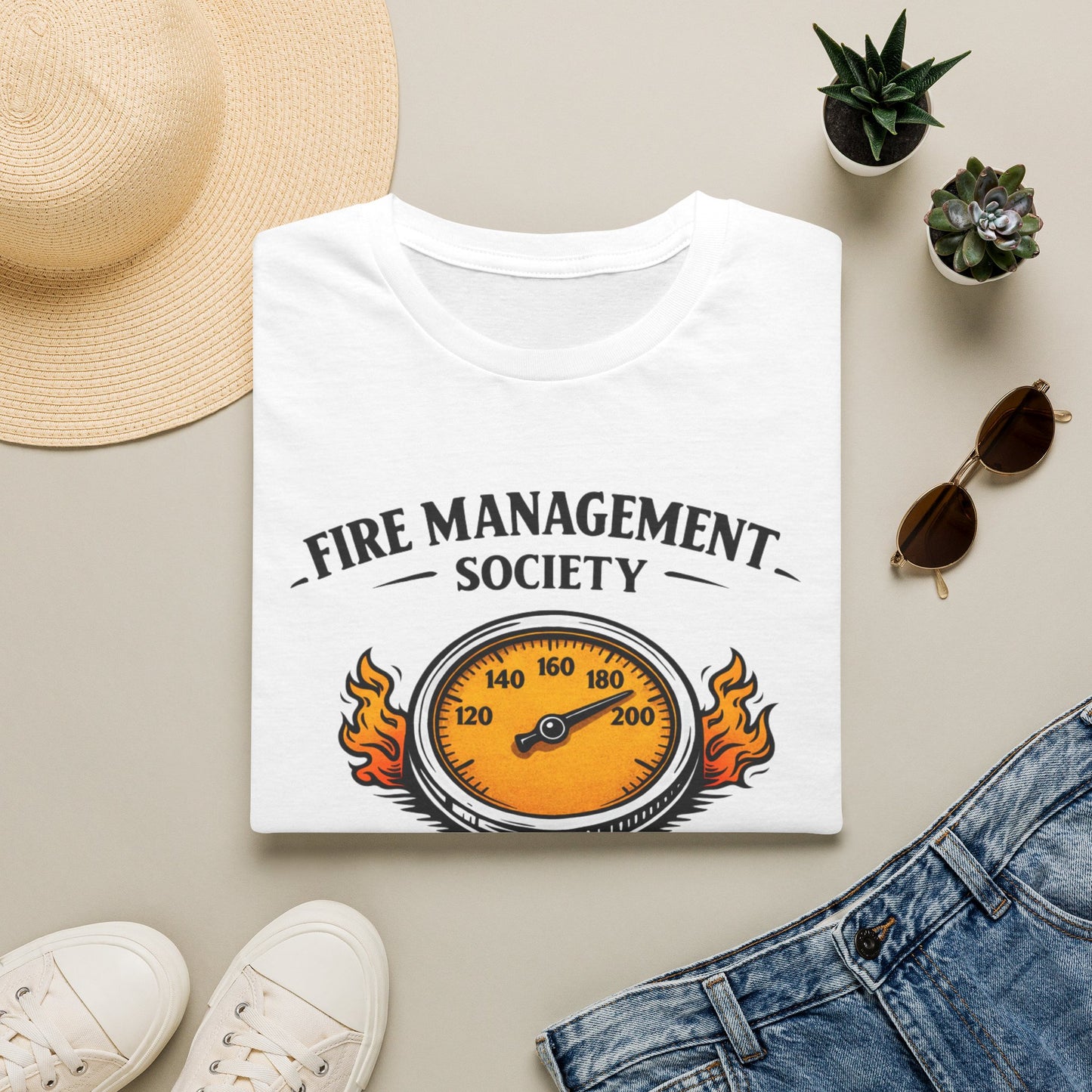 Fire Management Society Shirt, White, folded flat lay styled with a straw hat, sunglasses, sneakers and denim