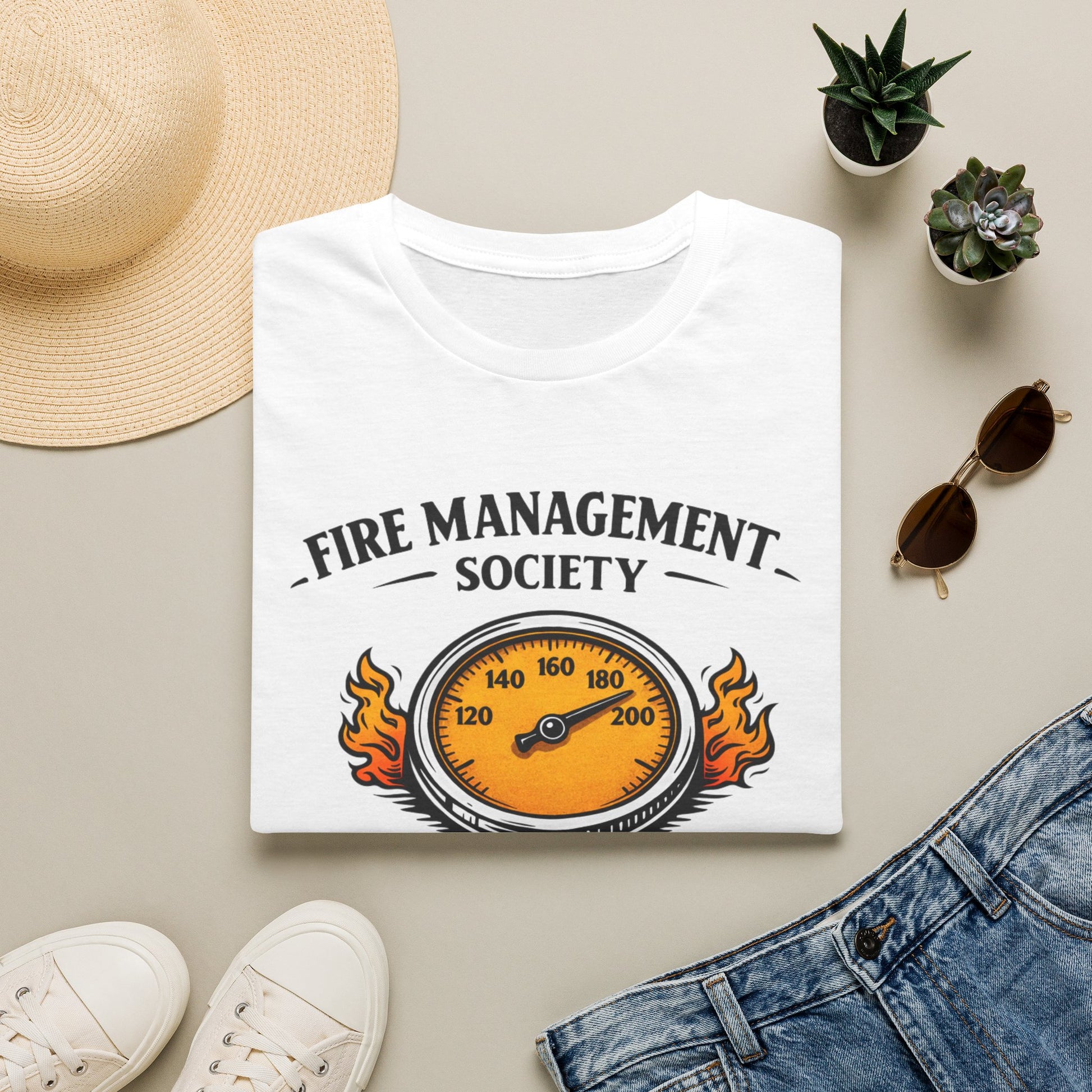 Fire Management Society Shirt, White, folded flat lay styled with a straw hat, sunglasses, sneakers and denim
