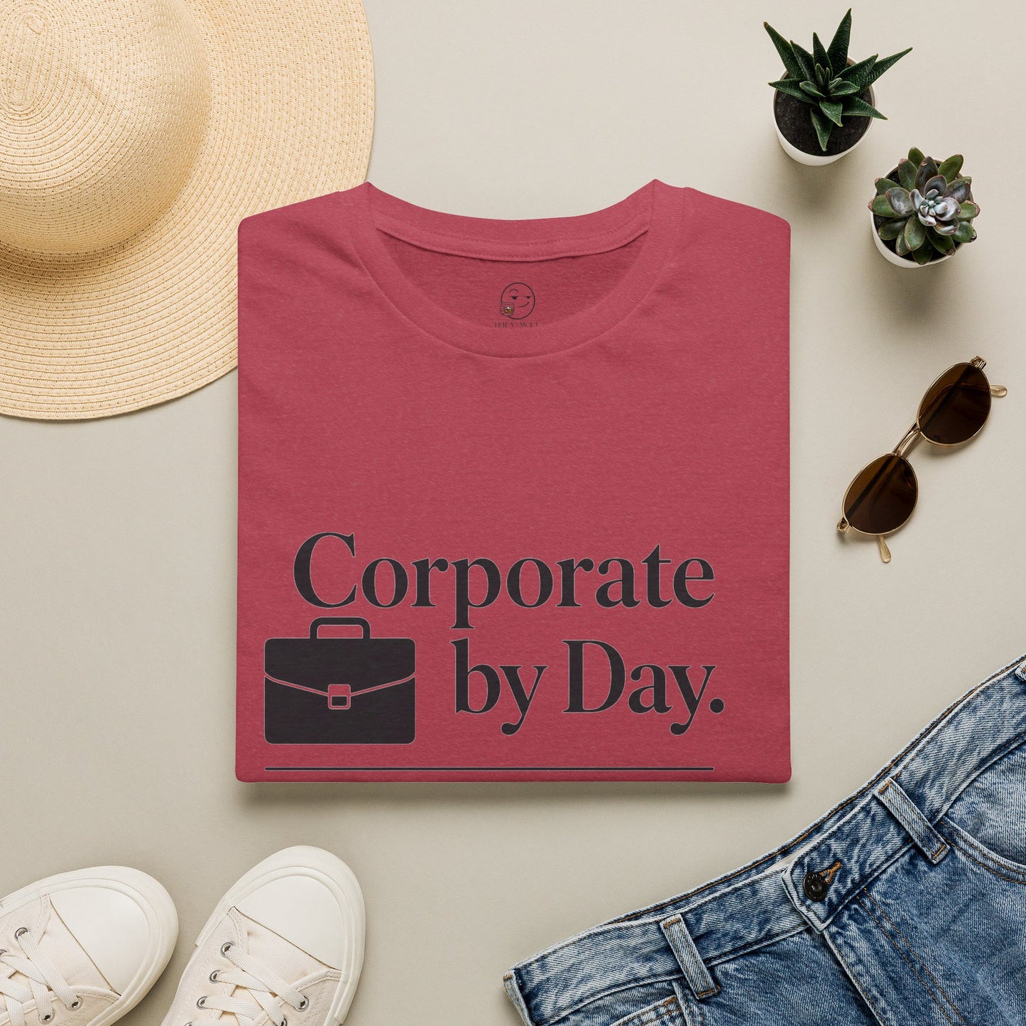 Corporate by Day, Cocktails by Night Shirt, Heather Cardinal red, folded flat lay styled with a straw hat, sunglasses, sneakers and denim
