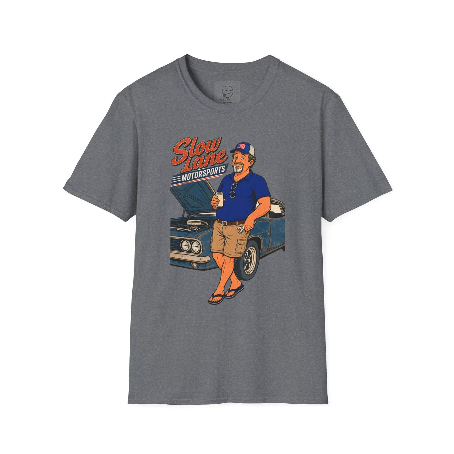 Retro garage-style t-shirt graphic of the Dry Wit dad mascot beside a classic muscle car holding a beer, text reading Slow Lane Motorsports