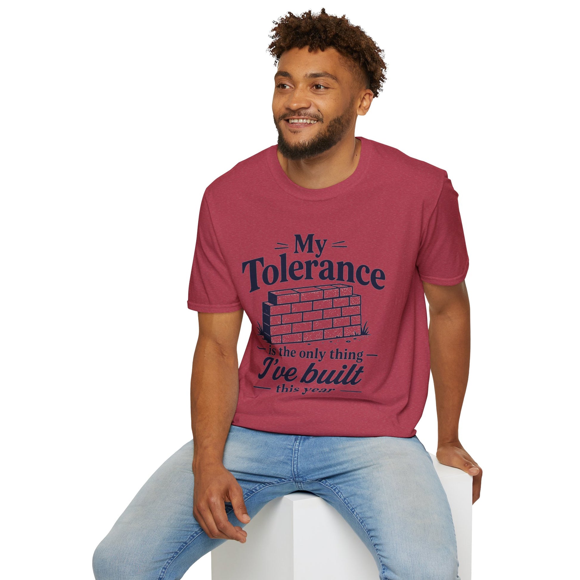 My Tolerance Is the Only Thing I've Built, Heather Cardinal red, worn by a model seated on a white block