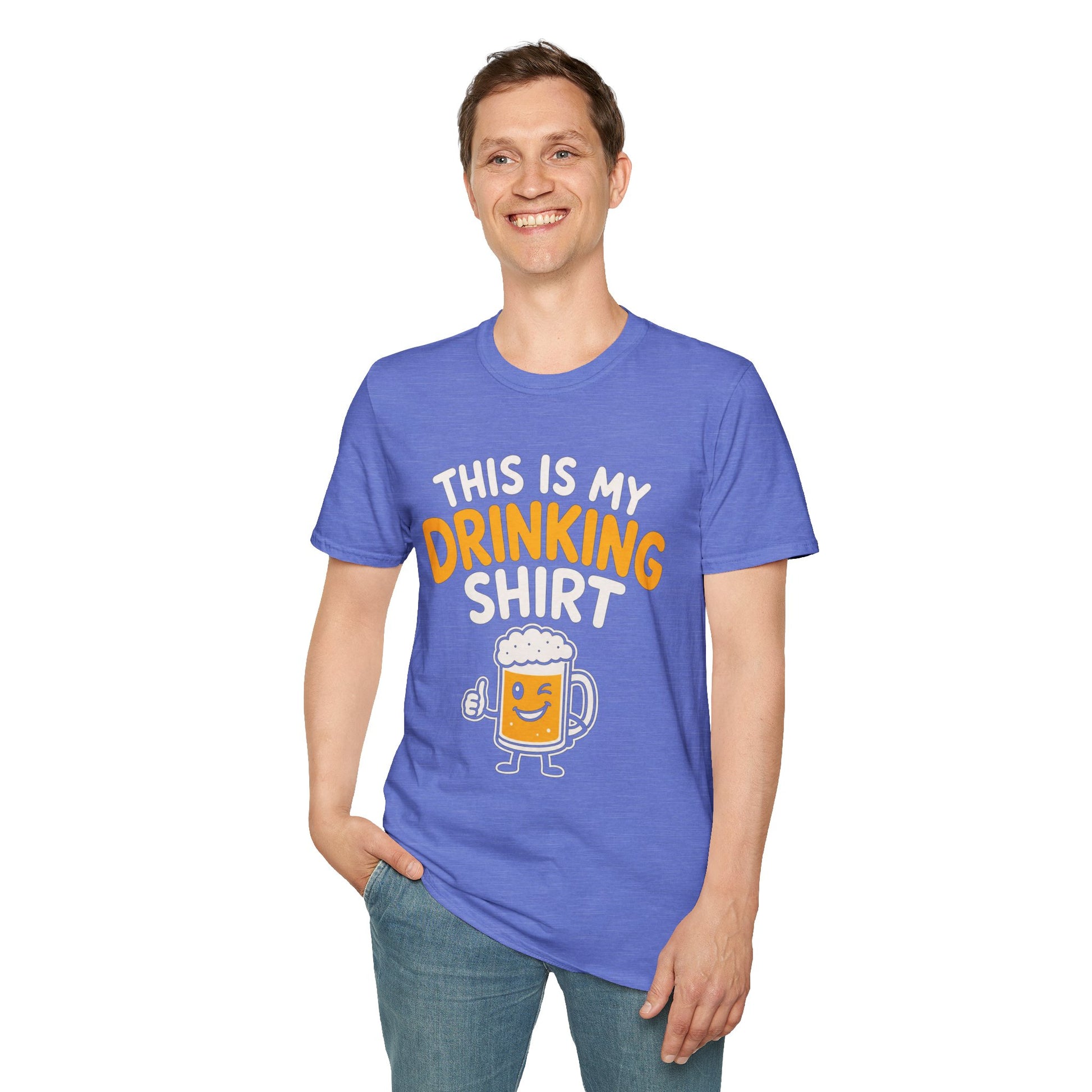 This Is My Drinking Shirt, Heather Royal blue, worn by a standing model with one hand in their pocket