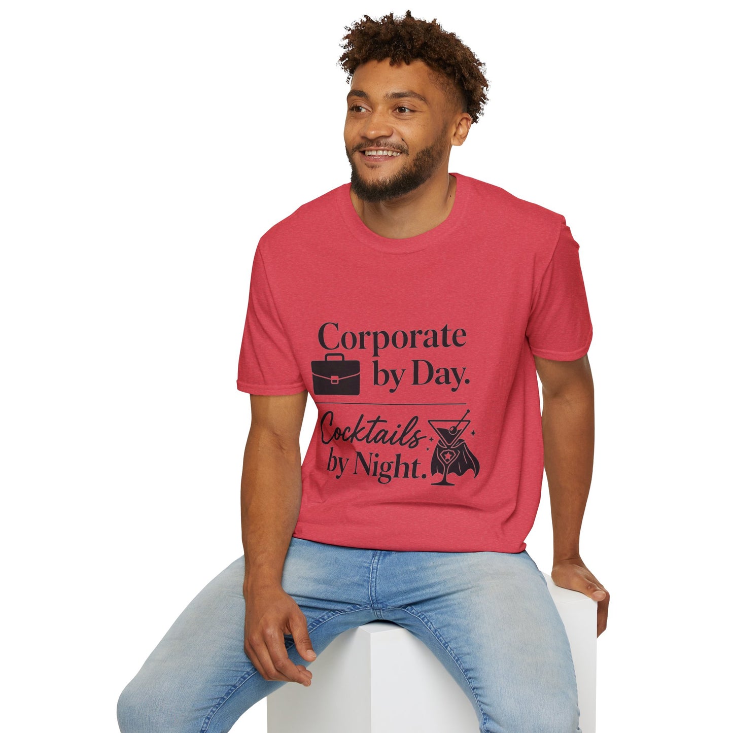 Corporate by Day, Cocktails by Night Shirt, Heather Red, worn by a model seated on a white block
