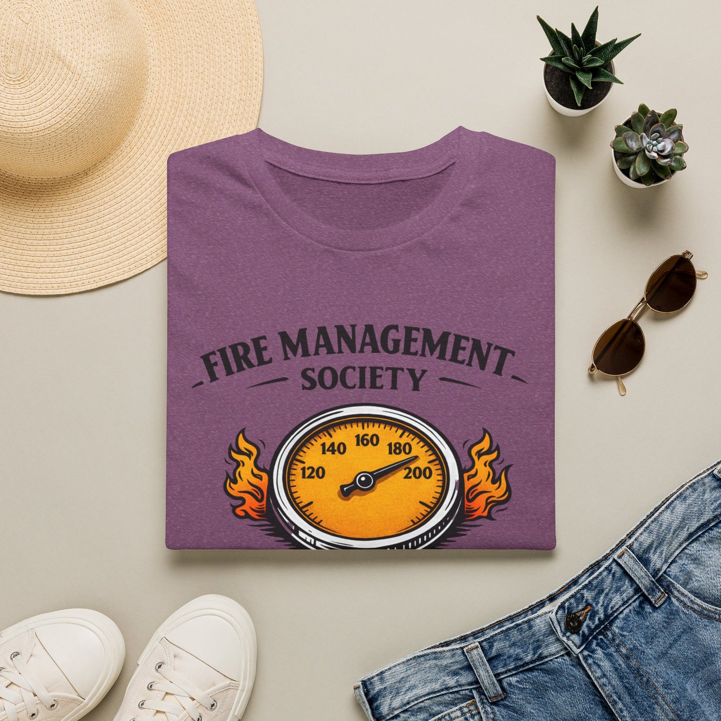 Fire Management Society Shirt, Heather Maroon plum, folded flat lay styled with a straw hat, sunglasses, sneakers and denim