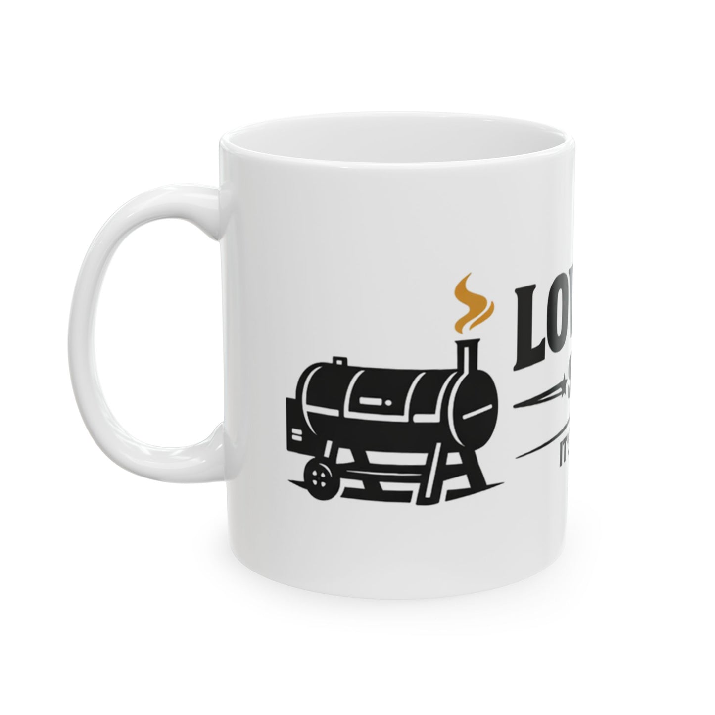 Low & Slow Society funny BBQ pitmaster mug, white ceramic 11 oz, angled view with the handle on the left showing the offset smoker graphic