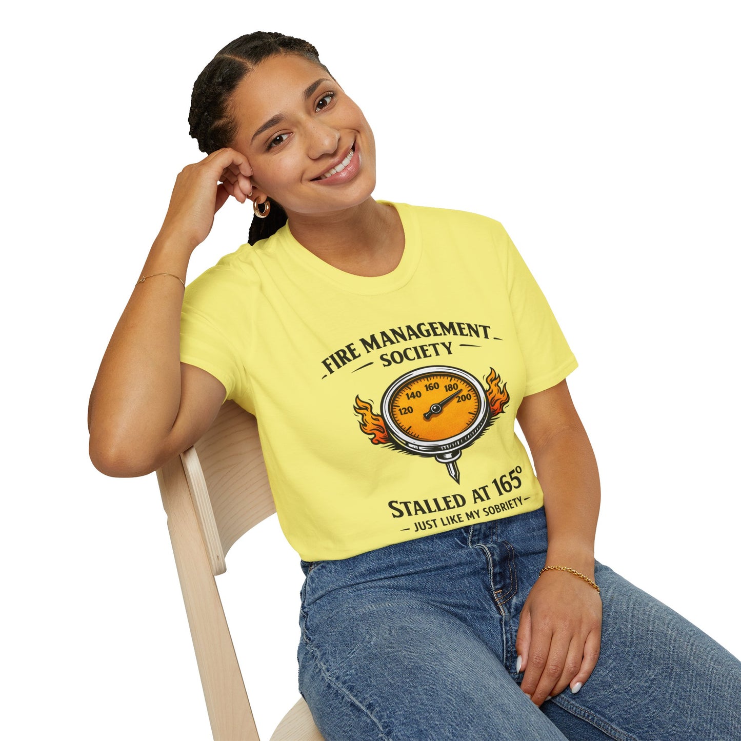 Fire Management Society Shirt, Cornsilk pale yellow, worn by a model seated on a wooden chair