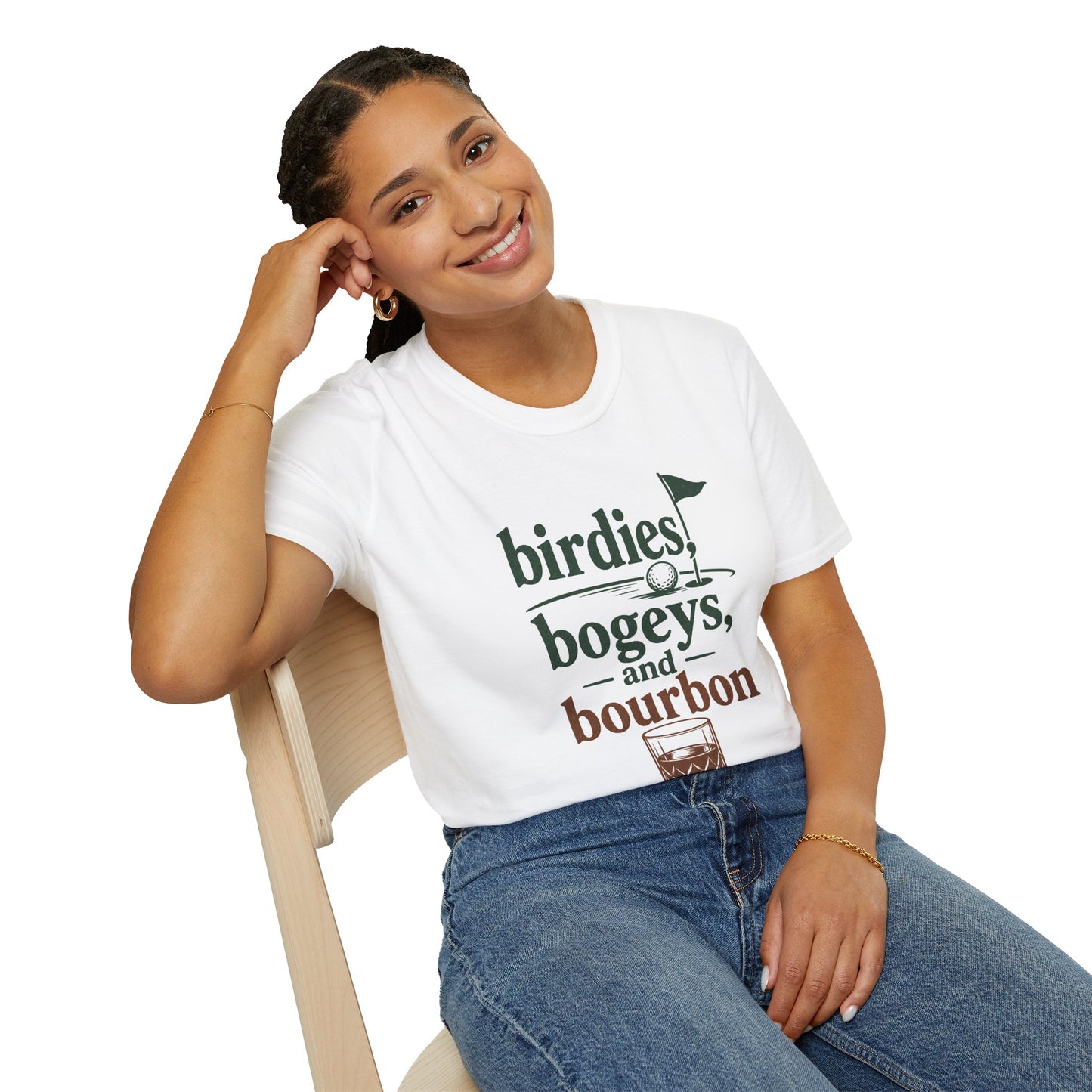 Birdies, Bogeys, and Bourbon Shirt, White, worn by a model seated on a wooden chair