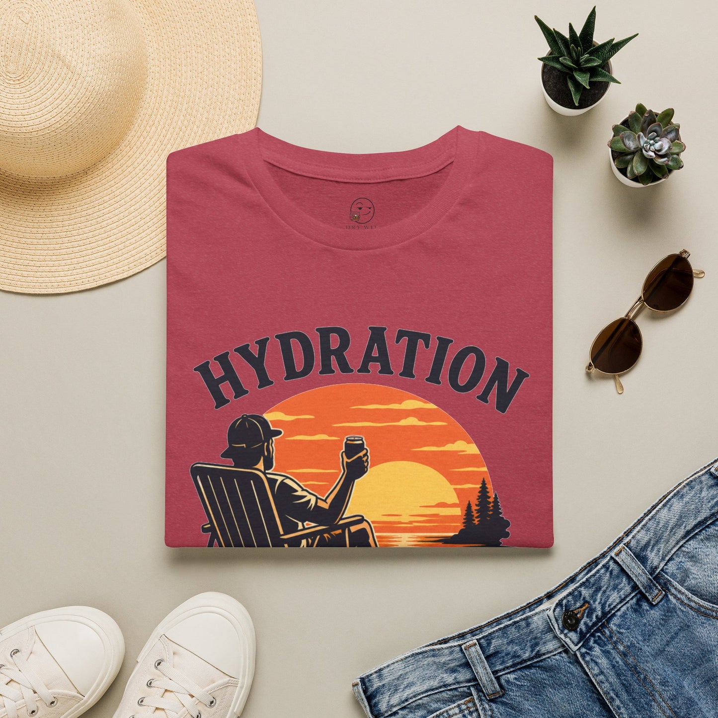 Hydration Is Tomorrow's Problem Shirt, Heather Cardinal red, folded flat lay styled with a straw hat, sunglasses, sneakers and denim