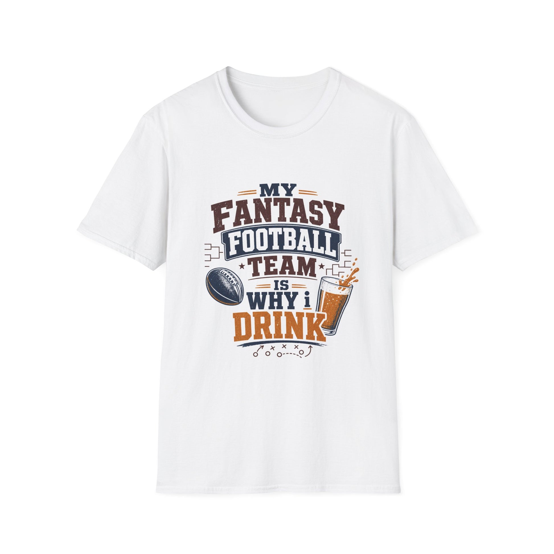 T-shirt design with maroon and navy text reading My Fantasy Football Team Is Why I Drink, football, tournament bracket, and pouring beer glass graphics