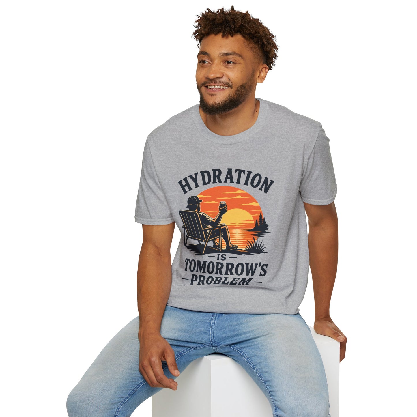 Hydration Is Tomorrow's Problem Shirt, Sport Grey, worn by a model seated on a white block